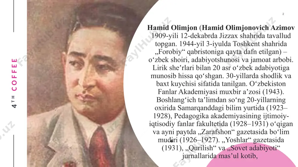 ), «g’azal», «chimyon esdaliklari», «baxtlar vodiysi (1930-yillar bayroqdor bo‘lgan she’r), «baxt to‘g‘risida», «qo‘lingga qurol ol», «jangchi tursun» (ballada), «ishonch», «xat», «muqanna» (1942), «ofeliyaning o‘limi», «kuygay», «jinoyat» dramasi 4th coffee hamid olimjon «daryo kechasi» (1936), «o‘lka» (1939), «baxt» (1940) to‘plamlari, «ikki qizning hikoyasi» (1935—1937), «oygul va baxtiyor» (1937), «semurg‘» (1939) dostonlari bilan o‘zbek she’riyatida romantik tasvir tamoyillarining qaror topishiga katta hissa qo‘shdi. 4th coffee ikkinchi jahon urushining olovli yillarida uning «muqanna» nomli she’riy dramasi yaratildiki, u hanuzgacha dramaturgiyamizning go‘zal namunalaridan biri bo‘lib kelayotir. uning «jinoyat» dramasi zamonaviy mavzuda yozilgan. bu davrda uning bir necha she’riy to‘plamlari bilan bir qatorda «jangchi tursun», «roksananing ko‘z yoshlari» kabi qator balladalari ham yaratildi 4th coffee слайд с большой фотографией 4th coffee e’tiboringiz uchun rahmat! 4th coffee image2.jpeg image3.jpeg image4.jpeg image5.jpeg image6.jpeg image7.jpeg image8.jpeg image9.png