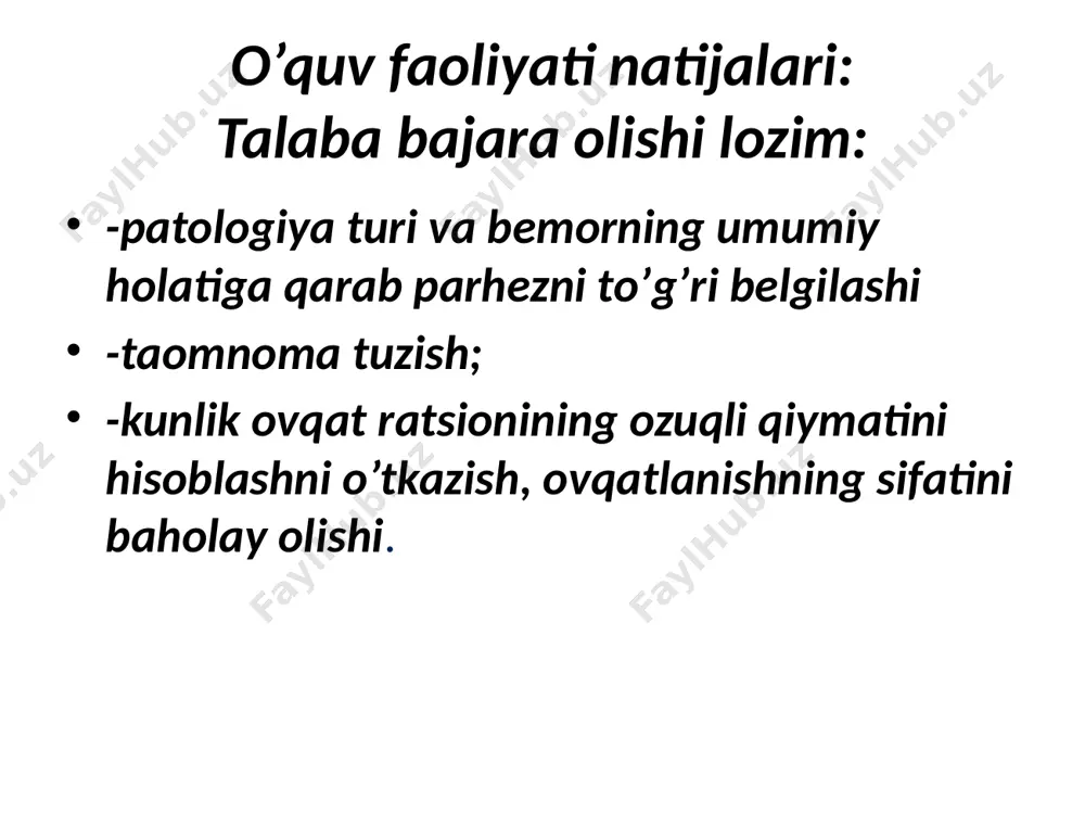 dori organizmning fiziologik ehtiyojlariga mos bo’lishi* b.oziq moddalar o’zaro muvozanatlashgan bo’lishi* v.ovqatning yuqori kaloriyaligi g.ratsionning turli guruhdagi vitaminlar bilan to’yinganligi d. yil mavsumiga ko’ra ratsion tarkibining sifatiy o’zgarishi 6.agar bemorda gipovitaminoz sning klinik belgilari yaqqol namoyon bo’lgan bo’lsa, bemorga quyida keltirilgan mahsulotlardan qaysi 2 tavsiya etasiz? a.lavlagi b.bargli sabzavotlar* v.sabzi g.na’matak damlamasi* d.pivo achitqisi nazorat savollari 1.davolovchi ovqatlanish haqida tushuncha, uning asosiy printsiplari 2.parhez taomlarga bo’lgan asosiy gigienik talablar 3.diet vrachining asosiy vazifalari 4.kasalxona ovqatxonasi (ovqatxonadagi xonalar va jihozlarning tarkibi, ovqat tayyorlash tartibi va uni tarqatish) tuzilishi va unga bo’lgan gigienik talab tavsiya etilgan adabiyotlar asosiy: 1.gigiena. red. rumyantsev g.i. – m.,2001. 2.duschanov b.a., solixujaev s.s., iskandarova sh.t. umumiy gigiena. –t.2001 3.rumyantsev g.i., vishnevskaya ye.p., kozlova t.a. obshaya gigiena. – m., 1985. 4.solixujaev s.s. gigiena. – toshkent, 1993. 5.solixujaev s.s. gigiena bo’yicha amaliy mashg’ulotlarga qo’llanma. toshkent, 1996. qo’shimcha : 1.rumyantsev g.i., vorontsov m.p. obshaya gigiena. – m., 1990. 2.uchebnoe posobie …