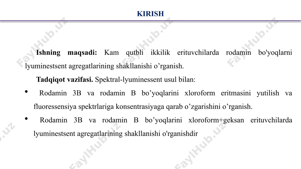 nlardan ma’lum bo’lgan bo’lsa ham, uning tabiati asosan xx asrning boshlarida to’laroq o’rganila boshlandi. lyuminessensiya nurlanishiga ko’pchilik olimlar ta’rif berganlar. hozirgi vaqtda lyuminessensiyaga 1944 yilda rus olimi sergey ivanovich vavilov tomonidan berilgan quyidagi ta’rif qabul qilingan. «agar moddaning temperaturali nurlanishidan ortiqcha nurlanishining davomiyligi ~10–10s ga teng va undan ortiq bo’lsa bunga lyuminessensiya deyiladi». moddalarning asosiy holatda bo’lgan atomlari, ionlari, molekulalari ma’lum bir energiyani yutgandan keyin uyg’ongan holatlarning biriga o’tishlari mumkin (1.1–rasm). agar energiya yutilgandan keyin molekula elektronlaridan biri spinini o’zgartirsa, unda triplet uyg’onmagan holat (t0) vujudga keladi. singlet–singlet va triplet–triplet yutish vujudga kelishi mumkin. energetik sathlarning multipletligi va ular o’rtasidagi o’tishlar haqida [1,2] ishda batafsil ma’lumotlar keltirilgan. 1.1–rasm. energetik sathlar o’rtasida o’tishlar. lyuminissentsiyaning chiqishi. lyuminessensiya beruvchi moddalar hamma vaqt ham o’zlari yutgan energiyani to’liq lyuminessensiya tariqasida chiqarmaydilar. lyuminessensiyaning chiqishi – modda tomonidan yutilgan energiyaning qancha qismi lyuminessensiyaga aylanganligini ifodalaydigan kattalikdir. fotolyuminessensiya energetik va kvant chiqishlari bilan xarakterlanadi. lyuminessensiyaning energetik chiqishi …