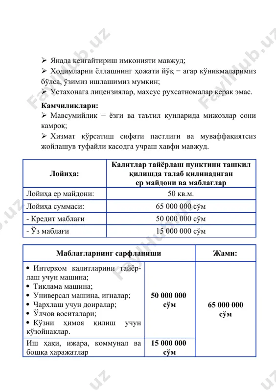 150 000 3 велосипедлар, скутерлар ва скутерлар учун ўғирликка қарши кабеллар 10 100 000 4 сейфлар 10 200 000 5 кўп қаватли уйларнинг хонадонлари учун калитлар 10 100 000 6 иш жойлари калитлари 10 100 000 жами: 60 750 000 калитлар тайёрлаш пунктининг йиллик хизмат кўрсатиш режаси сўмда № хизмат кўрсатиш номи 1 кунда кўрсатилади-ган хизмат тушуми 1 ойда кўрсатилади-ган хизмат тушуми 1 йилда кўрсатила-диган хизмат тушуми 1 калитлар тайёрлаш 500 000 15 000 000 180 000 000 калитлар тайёрлаш пунктининг йиллик харажатлари сўмда № номланиши харажатлар суммаси 1 калит ясаш учун хомашё сотиб олиш 30 000 000 2 ижара харажатлари 36 000 000 3 иш ҳақи харажатлари 72 000 000 4 электр қуввати сарфи 5 500 000 5 сув ва оқава-сув харажатлари 1 500 000 6 чиқинди харажатлари 1 000 000 жами: 156 000 000 штат жадвали ва иш хақи харажатлари сўмда № лавозими сони битта штат ойлик иш …