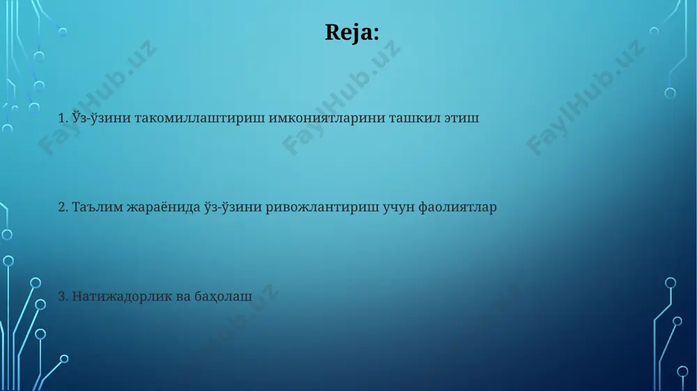 guruhlari bilan ishlash samaradorligi yuqori. tarbiya sinflarida o'z-o'zini takomillashtirish imkoniyatlarini tuzish тошкент шаҳридаги 5 та тарбия синфида ўтказилган сўровнома натижаларига кўра, 70% ўқувчилар ўз-ўзини ривожлантириш учун кўпроқ амалий машғулотлар ва семинарлар ташкил этилишини исташган. сурхондарё вилоятидаги мактабларда 3 та янги тарбиявий дастур жорий этилиб, уларда ўқувчиларнинг рақамли саводхонлигини ошириш, 5 та муҳим кўникмани ривожлантиришга оид модуллар ўрин олган. o'quvchilarning qiziqishlarini hisobga olish farg'ona viloyatidagi maktablarda o'tkazilgan tadqiqotlar shuni ko'rsatdiki, o'quvchilarning 65%i o'z qobiliyatlarini rivojlantirish uchun qo'shimcha resurslarga, masalan, 3d printerlar yoki onlayn kurslarga ega bo'lishni istaydi. toshkentdagi 100 nafar o'quvchining qiziqishlarini tahlil qilish natijasida 4 ta asosiy guruh aniqlangan: adabiyot, fan, ijtimoiy faoliyat va sport. har bir guruh uchun alohida rivojlanish dasturlarini ishlab chiqish mumkin. sog'lom turmush tarzi соғлом турмуш тарзига оид 10 тадан ортиқ маърузаларни онлайн платформалар орқали (masalan, youtube) тарқатиш, вилоятлардаги (самарқанд вилояти мисолида) ўқувчилар учун масофавий ўқув материалларини яратиш мумкин. соғлом турмуш тарзини шакллантиришда мактабларда 5-11 синф …