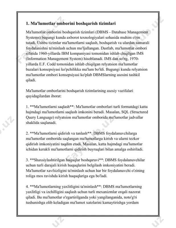 ativ darajada keng qo'llaniladi. oracle ko'p foydalanuvchilar qo'llovini, katta hajmdagi ma'lumotlar bilan ishlashni va yuqori xavfsizlik darajasini ta'minlaydi. - **microsoft sql server**: microsoft tomonidan ishlab chiqilgan bu dbms ko'plab korporativ muhitlarda keng foydalaniladi. u qulay interfeys va samarali ma'lumotlar boshqarish imkoniyatlarini taqdim etadi. - **mysql**: ochiq manba kodli va ko'plab veb-dasturlar, xususan, lamp (linux, apache, mysql, php) arxitekturasi asosida ishlaydigan saytlar uchun mashhur dbms. - **postgresql**: ochiq manba kodli relyatsion ma'lumotlar ombori bo'lib, keng funksional imkoniyatlarga ega. u jiddiy dasturlash vazifalarida yuqori ishonchlilikni ta'minlaydi. non-relyatsion yoki nosql ma'lumotlar omborlari zamonaviy muammolarni hal etish uchun muhim ahamiyat kasb etadi. ular alohida katta hajmli va tez o'zgaruvchan ma'lumotlar uchun moslashuvchan, kengayish oson va samarali ishlash imkoniyatini taqdim etadi. mongodb, cassandra va couchbase singari nosql dbmslar sekin-asta ommalashib bormoqda. 2021 yildagi ma'lumotlarga ko'ra, global dbms bozorining qiymati qariyb 63 milliard aqsh dollariga yetgan bo'lib, bu ko'rsatkich yildan-yilga oshib borishi kutilmoqda. bu ma'lumotlar ombori …