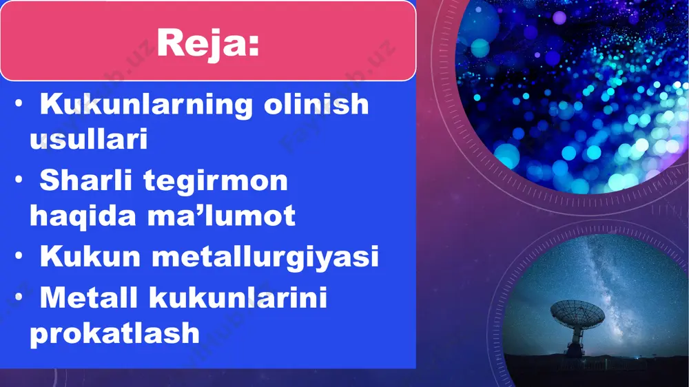 tezroq kechadi. uyurma tegirmonining kamerasida ikkita parrak bo‘lib, qarama-qarshi tomonlarga aylanib, o‘zaro kesishuvchi havo oqimlari hosil qiladi. kameraga solingan material (sim bo‘lagi, qirindi, qiyqimlar va boshqa mayda bo‘lakchalar) ni havo oqimi ilashtirib olib ketadi, ular o‘zaro bir-biriga urilib 50 dan 200 mkm gacha o‘lchamli zarralarga maydalanadi. hosil bo‘lgan zarrachalar tarelka ko‘rinishida, chetlari arrasimon bo‘ladi. qalay, ko‘rg‘oshin, alyuminiy, mis, shuningdek temir va po‘lat kukunlarini olish uchun havo, suv, bug‘ yoki inert gazlar kinetik energiyasi bilan suyuq metallni to‘zitish usulidan ham foydalaniladi. olingan kukun zarralari 50-350 mkm o‘lchamli bo‘lib, sferik ko‘rinishga yaqin. fizik-kimyoviy usullar bilan kukunlar olishda boshlang‘ich materialning kimyoviy tarkibi va xossalari o‘zgaradi. metallarni oksidlardan kimyoviy qaytarish, suyultirilgan tuzlarni elektroliz qilish, karbonil va gidrogenizatsiya usullari asosiy fizik-kimyoviy usullar hisoblanadi. sementlangan karbidli kompozit novda kukun metallurgiyasi - metallurgiyasi metall va metallmas kukunlar ishlab chiqarish va ulardan buyumlar tayyorlash sohasi. metall bilan metallmas materiallar kukunidan tayyorlanadigan materiallar metallokeramik qotishmalar, metall kukunidan tayyorlanadigan materiallar …