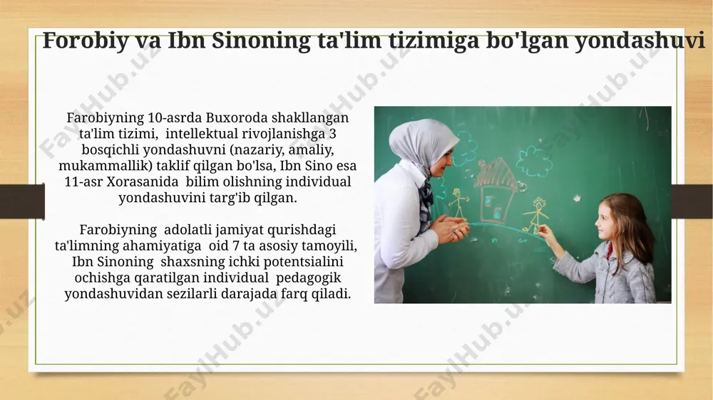 sina o‘zining "qonun fi-t-tibb" asarida 20 dan ortiq bobda ijtimoiy hayotdagi tarbiyaning ahamiyatini, ayniqsa, niso va xorazm viloyatlaridagi davlat boshqaruvi uchun yosh avlodni axloqiy jihatdan yetuk qilib tarbiyalash zarurligini ta’kidlaydi. ibn sinoning fikricha, 11-asr buxoroda ijtimoiy-siyosiy barqarorlikka erishish uchun yaxshi tarbiya muhim omil bo‘lib, 4 ta asosiy fazilat – adolat, saxovat, jasorat va donolikni rivojlantirishga qaratilgan. ibn sina nazariyasida bilim olishning ahamiyati ibn sino "qonun fi tibb" asarida sog'lom turmush tarzi va jismoniy tarbiyaning aqliy rivojlanishga ijobiy ta'sirini, xususan, 7-12 yoshdagi bolalar uchun ta'kidlagan. ibn sina fikricha, 15-20 yosh oralig'ida falsafa va mantiq fanlarini o'rganish, insoniy qadriyatlarni shakllantirishda muhim rol o'ynaydi. davlat va jamiyat taraqqiyoti uchun tarbiyaning ahamiyati (forobiy) farobiy, maktablar va o'quv yurtlarining shaharlarning rivojlanishi va 10-asrning ijtimoiy-siyosiy hayotining barqarorligi uchun ahamiyatini ta'kidlab, davlat boshqaruvi va jamiyat farovonligi uchun malakali kadrlar tayyorlashning muhimligini ko'rsatgan. uning ta'limotida 7 yoshdan 14 yoshgacha bo'lgan bolalarga o'qitishning maxsus usullari, ijtimoiy tarbiyaning ahamiyati va …
