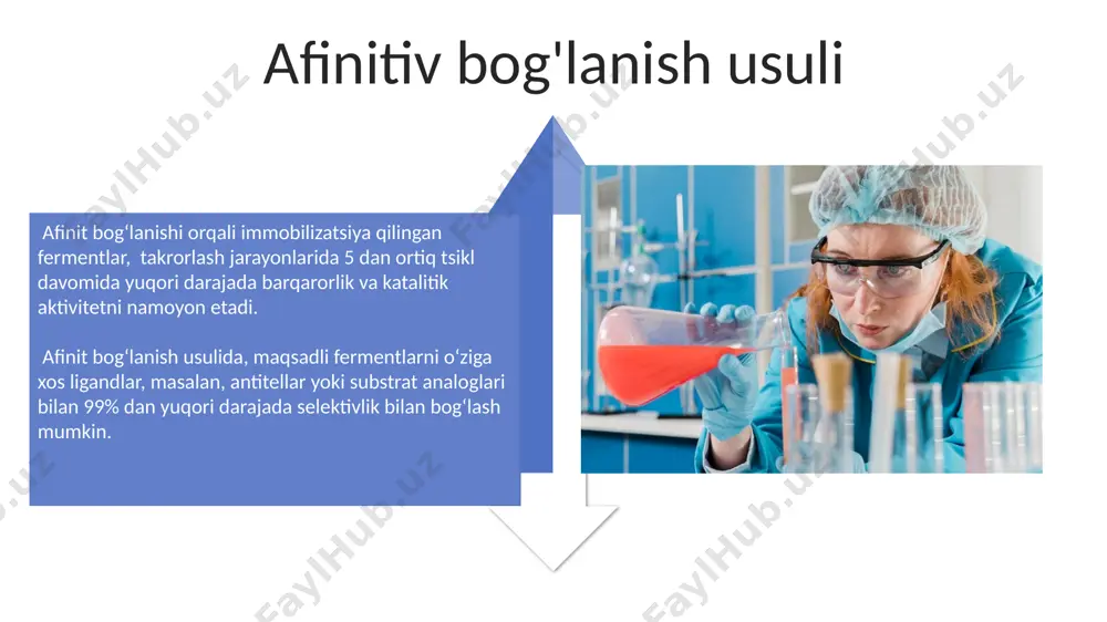 usulda ko'p funksiyali monomеrlar, masalan, akrilamid yoki metakrilamid, fermentlar bilan birga polimerlanadi, natijada fermentlarning 70-90% gacha immobilizatsiyasi kuzatiladi. polimerizatsiya usuli fermentlarni 3-10% gacha bo‘lgan konsentratsiyada monomеr eritmasiga qo‘shish orqali amalga oshiriladi, bu esa ferment molekulalarining polimer matritsaga bir tekis taqsimlanishini ta'minlaydi. mikrokapsulatsiya usuli alginat yoki polimerlar kabi turli xil materiallar yordamida mikrokapsulatsiyani amalga oshirish mumkin boʻlib, bu esa fermentning xususiyatlariga mos keladigan kapsula tanlash imkonini beradi. ushbu usul 90% gacha fermentlarning faolligiga ega boʻlgan mikrokapsulalar hosil qilish imkonini beradi, bu esa sanoat miqyosida qoʻllanilishini ta'minlaydi. sol-gel usuli ushbu usul, 20-50 nm gacha bo'lgan gözenekli tuzilmalar hosil qiladi, bu esa fermentlarning diffuziyasini yaxshilaydi va substrat bilan o'zaro ta'sirini oshiradi. sol-gel jarayoni yumshoq sharoitlarda (xona harorati, neytral ph) amalga oshirilishi mumkin, bu esa termostabil bo'lmagan fermentlarni himoya qilish imkonini beradi va ularning faolligini saqlaydi. e'tiboringiz uchun rahmat @taqdimot_robot image4.jpg image5.jpg image6.jpg image7.jpg image8.jpg image9.jpg image10.jpg image11.jpg image12.jpg image13.jpg image14.jpg image15.jpg image16.jpg image17.jpg …