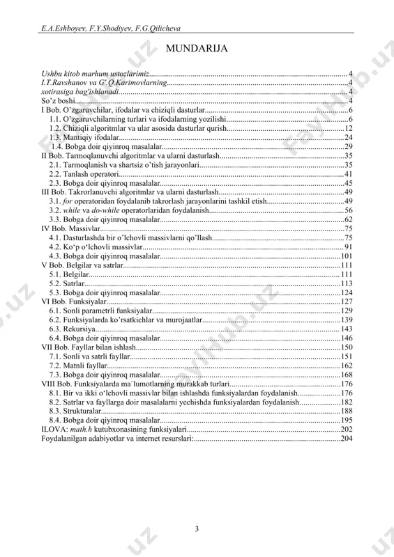rli usullari bu bosqichdagi tillarning ifodalash imkoniyatini oshiradi, ya'ni yaratilgan dasturlarning «o‘qimishli» bo‘lishini ta’minlaydi. yuqori bosqich tillariga basic, pascal, c kabilarni misol qilib keltirish mumkin. kompyuterlar (hisoblash mashinalari)ning takomillashuvi, hamda tarmoq texnologiyalarining rivojlanishi yuqori bosqich tillarining yangi turlari yuzaga kelishiga va ayrimlarining «iste'moldan chiqib» qolishiga sabab bo'lmoqda. hozirgi kunda keng tarqalgan tillar object pascal, c++, c#, php, java, asp kabilar hisoblanadi. jumladan, c tilining avlodi sifatida byarn straustrop tomonidan 1980 yilda yaratilgan c++ tili strukturali va obyektga yo‘naltirilgan dasturlash texnologiyasiga tayangan holda dastur yaratish imkoniyatini berdi. ushbu qo'llanma c++ tilida strukturali dasturlashni o'rganishga mo'ljallangan bo'lib, mualliflarning bir necha yillik izlanishlari natijasi sifatida yozilgan. qo'llanmada har bir bo'lim uchun qisqacha nazariy ma'lumotlar, dastlabki 4 ta bobda esa qo'yilgan namunaviy masalalar uchun blok-sxema ko'rinishidagi algoritm va izohlar bilan berilgan dasturlar matni keltirilgan. qolgan boblarda qo'yilgan masalalar uchun tuzilgan dasturlar izohlar berish yo'li bilan tushuntirilgan. shuni ta'kidlash lozimki, qo'llanmada mavjud boblarning har bir …