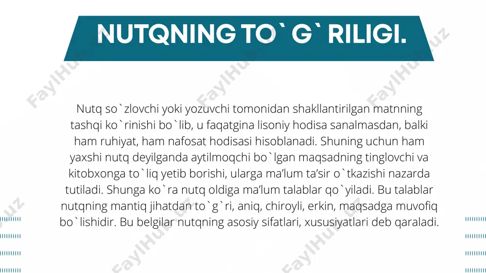 h, ohang kabilar. yozma nutq texnikasi o`z mohiyatiga ko`ra ikki turga bo`linadi. 1. har qanday yozma nutq uchun zarur bo`lgan texnik xususiyatlar. “nutqning aniqligi so`zning narsa va hodisalardan aks etgan borliq belgilari bilan qat’iy mos kelinishidir”. deydi rus tilshunosi v.n.golovin. aniqlik ikki xil bo`ladi: narsaning aniqligi va tushuncha aniqligi. narsa aniqligi nutqda aks etgan mavjudlikning narsalar, hodisalar doirasi bilan nusxa mazmunining munosabatida ko`riladi. demak, mavjudlik narsalar, hodisalar orqali nutqda aniq aks etgan bo`lsa, bunday nutq aniq hisoblanadi. nutqning har tomonlama to`g`rib o`lishi uchun narsa aniqligining o`zi yetarli emas. tushunchaviy aniqlik ham bo`lishi zarur. a.qahhor “men yozilgan sahifani hatto jumlani ham ustidan tuzata olmayman. jumla hatto butun bir sahifaning bir so`zini o`chirib, o`rniga, boshqasini yozish uchun boshqa qog`ozga o`sha jumla, hatto sahifani ko`chirib yozaman. nutq bilan qilingan mehnat dard va quvonchni yuzaga chiqara oladi” – degan edi. aniq nutq yaratish so`zlovchidan quyidagilarni o`rganish va ularga amal qilishni talab qiladi: tilning sinonimik …