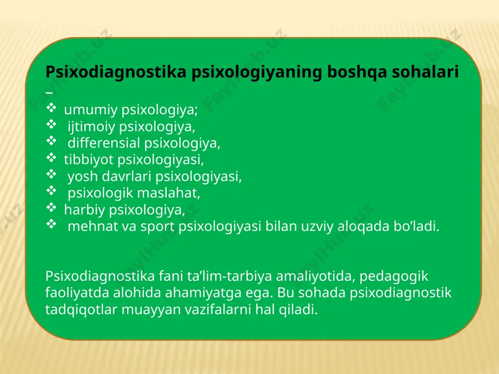 niylikka o‘qitilgan odamlarning tarjimai holi, ma`lumoti, suhbatlashishi, ko‘nikmasi tekshirilgach u qorong`u yer to‘ladan bir o‘zi o‘tishi lozim bo‘lgan. xix asrning birinchi yarmida psixologiyada o‘lchash g`oyasi ommalashadi. bu davrda inson haqidagi empirik psixologik bilimlarni aniqlashda vrachlar katta rol o‘ynadilar. vrach-psixiatrlar evropa kasalxonalarida ruhiy kasallar va nevrozlarni doimiy kuzatib, o‘z kuzatish natijalarini yozib bordilar va bu yozuvlar tahlil qilindi. bu vaqtda psixodiagnostikaning kuzatish, so‘rovnoma, hujjatlarni tahlil qilish metodlari paydo bo‘ldi. 1.psixodiagnostika va eksperimental psixologiyaning psixologik tadqiqotlar sohasi sifatida shakllanguncha bo`lgan davrda psixodiagnostikaga oid bilimlar taraqqiyoti psixodiagnostikaning rivojlanish tarixi ko‘p asrlarga borib taqaladi. individual psixologik farqlarni aniqlashga mo‘ljallangan dastlabki testlar 4000 yil oldin ma`lum bo‘lgan. qadimgi madaniyat tarixini o‘rganish bunga yaqqol misol bo‘la oladi. qadimgi xitoyda xristos tug`ilishidan 2200 yil oldin shasxning ko‘p xususiyatlarini qamrab olgan amaldorlarni tanlash tizimi yaratilgan. bunda amaldorlarning ko‘pgina xislatlariga: jumladan, chiroyli yozuvdan - kundalik xulq-atvorigacha e`tibor berilgan. platon insonlarni bir-biridan farqlaydigan tug`ma layoqatlarning ahamiyatini yaxshi tushungan. har uch …