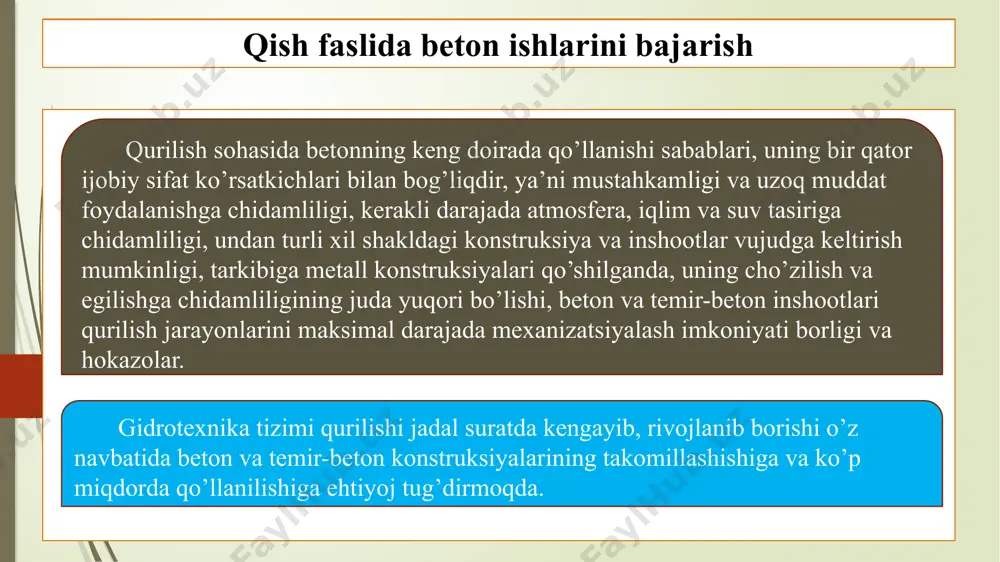lga oshirilishi kerak. beton aralashmani o'rnatish va tushirish joylari shamol ta'siridan xavfsiz holatga keltirilishi va aralashmani etkazib berish vositalari ehtiyotkorlik bilan izolyatsiya qilinishi kerak. qish faslida beton ishlarini bajarishda qo‘llaniladigan chora-tadbirlar shakl va armatura qor va muzdan tozalanishi kerak, armatura ijobiy haroratgacha qizdirilishi kerak. qishki betonlash uchun zarur shart bu uni amalga oshirishning tez sur'atlaridir. qish faslida beton ishlarini bajarishda qo‘llaniladigan chora-tadbirlar texnologik jihatdan "termos" usuli izolyatsiyalangan shaklga ijobiy harorat aralashmasini yotqizish orqali amalga oshiriladi. tsementning gidratlanish reaktsiyasi paytida beton dastlabki issiqlik miqdori va ekzotermik chiqindilar tufayli kuchaymoqda. "issiq termos" usuli bilan betonlash aralashmaning 60-800s gacha qisqa muddatli isishi, issiq holatda siqilish va "termos" da yoki qo'shimcha isitish yordamida saqlanishdan iborat. qurilish maydonchasida beton aralashmasi elektrod yordamida isitiladi. aralash qarshilik rolida o'zgaruvchan elektr tokining kontaktlarning zanglashiga olib keladi. elektr isitish samosval korpuslarida yoki vannalarda amalga oshiriladi. xulosa qish davrida beton ishlarini bajrishdagi barcha jarayonlar, o’zining murakkabligi, ko’p mehnat sarfi talab …