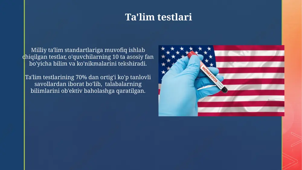 chiqilgan testlarning tarixi 1960-yillardan boshlab, aqshda psixometrik nazariyaning rivojlanishi natijasida, yangi statistik usullar va kompyuter texnologiyalari yordamida testlarning ishonchliligini va validligini oshirishga qaratilgan tadqiqotlar o'tkazildi. aqshda birinchi intellekt testlari 20-asrning boshlarida, alfred binetning ishlarini asos qilib olib, immigratsiya jarayonlarini osonlashtirish va harbiy xizmatchilarni saralash maqsadida ishlab chiqilgan. testlarning ishonchliligi va haqiqiyligi aqshda ishlab chiqilgan testlarning ishonchliligi, psixometrik xususiyatlarini baholashda, masalan, cronbach alfa koeffitsienti yordamida 0,7 dan yuqori bo'lgan ichki moslik koeffitsienti bilan aniqlanadi. ba'zi aqsh testlari standartlashtirilgan ballar shkalasiga ega bo'lib, ularning normal tarqalishini ta'minlash uchun katta namunalar (n>1000)da sinovdan o'tkazilgan va standart xatosi hisoblab chiqilgan. e'tiboringiz uchun rahmat @taqdimot_robot image4.jpg image5.jpg image6.jpg image7.jpg image8.jpg image9.jpg image10.jpg image11.jpg image12.jpg image13.jpg image14.jpg image15.jpg image2.png image3.png