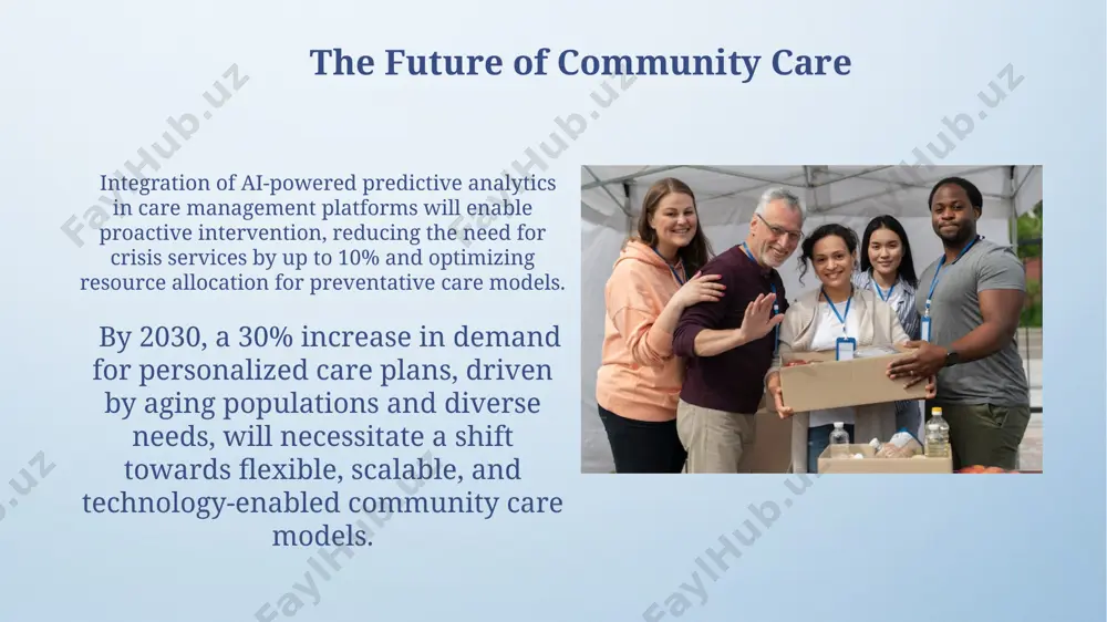 r approval and effective care delivery. funding and resources the efficiency of community care funding is regularly evaluated through key performance indicators (kpis), including patient satisfaction rates (above 80% target) and readmission rates (aiming for under 10%), impacting future budget allocations. resource allocation models, such as needs-based assessments and risk stratification, prioritize vulnerable individuals (e.g., those with a chai score above 15), influencing the distribution of funding towards specific services and support. thank you for your attention @taqdimot_robot image4.png image5.jpg image6.jpg image7.jpg image8.jpg image9.jpg image10.jpg image11.jpg image12.jpg image13.jpg image3.jpeg