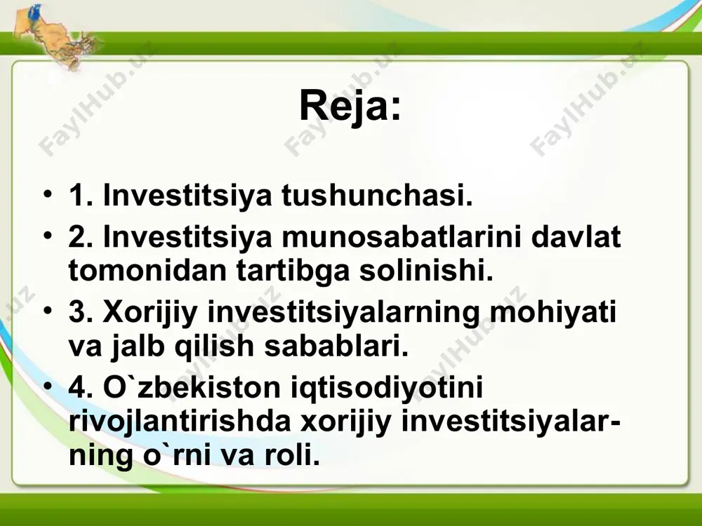 ati. davlatimiz mustaqillikka erishgan yillardan boshlab, bozor iqtisodiyotiga o`tishning o`ziga xos iqtisodiy rivojlanish yo`lidan bormoqda. bu yo`lda investitsiya siyosatining ahamiyati juda katta. chunki investitsiyalar iqtisodiyotda tarkibiy o`zgarishlar, texnik va texnologik yangilanishlar, korxonalarni qayta ta`mirlash ishlarini amalga oshirishni rag`batlantiradi, mamlakat eksport va import salohiyatini oshirishga imkon yaratadi. shu jihatdan o`zbekiston davlati o`z tuzilmaviy investitsiya siyosatini olib bormoqda. tuzilmaviy investitsiya siyosati hududlar, tarmoqlar va korxona investitsiya siyosatlaridan tarkib topib, ular o`zaro bog`liqdir. «investitsiya» atamasi lotin tilidagi «invest» so`zidan kelib chiqqan bo`lib «qo`yish», «mablag`ni safarbar etish», «kapital qo`yilmasi» ma`nosini beradi. keng ma`noda investitsiya mablag`ni ko`paytirib va qaytarib olish maqsadida kapitalni safarbar etishni bildiradi. ko`pgina hollarda «investitsiya» tushunchasi iqtisodiy va boshqa faoliyat ob`ektlariga kiritiladigan moddiy va nomoddiy ne`matlar hamda ularga doir huquqlar tarzida ta`riflanadi. investitsiya deganda barcha turdagi milliy va intelektual boyliklar tushunilib, ular tadbirkorlik faoliyati ob`ektlariga yo`naltirilib daromad keltirishi yoki biror-bir ijobiy samaraga erishishi zarur. investitsiya kiritishdan asosiy maqsad daromad olish va ijobiy …