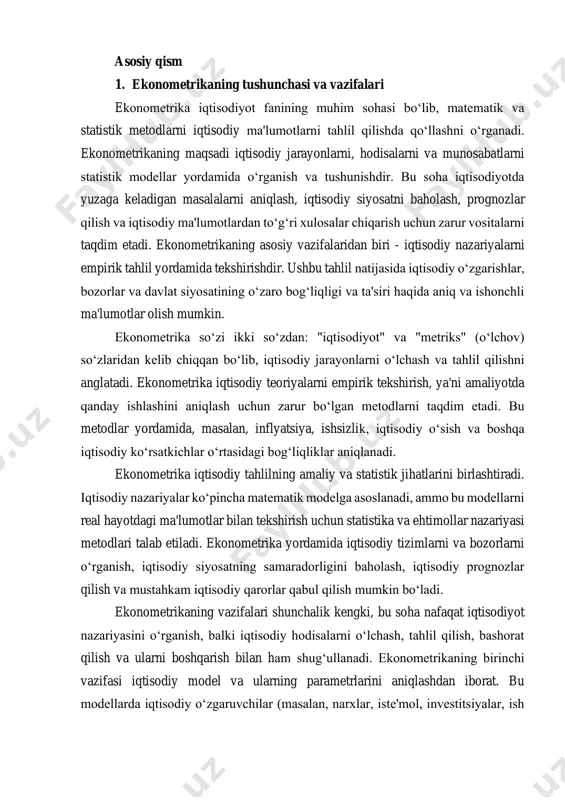 etrik tahlil orqali iqtisodiy o‘zgarishlarning sabablarini tushunish, yangi iqtisodiy siyosatlarni ishlab chiqish yoki mavjud siyosatlarni baholash mumkin. iqtisodiyotda ekonometrikaning o‘rni ekonometrika iqtisodiy tahlilning markaziy qismi bo‘lib, iqtisodiyotning rivojlanishi, o‘sishning prognozlari, bozor tahlili va iqtisodiy siyosatlarning samaradorligini baholashda katta ahamiyatga ega. ekonometrika yordamida iqtisodiy jarayonlarni o‘rganish, ma'lumotlarni tahlil qilish, iqtisodiy model va parametrlarni aniqlash, shuningdek, iqtisodiy siyosatning natijalari haqida aniq xulosalar chiqarish mumkin. shu bois, ekonometrika nafaqat akademik sohada, balki amaliyotda ham keng qo‘llaniladi. iqtisodiy o‘sish va taraqqiyot, inflyatsiya, ishsizlik, to‘lov balansi, davlat byudjeti va boshqa iqtisodiy ko‘rsatkichlar o‘rtasidagi bog‘liqlikni tahlil qilishda ekonometrikaning roli juda katta. bunday tahlil natijalari iqtisodiy siyosatni ishlab chiqishda va turli iqtisodiy muammolarga yechim topishda yordam beradi. misol uchun, inflyatsiyaning o‘sishi yoki iqtisodiy o‘sishning pasayishi kabi masalalar iqtisodiy rivojlanishdagi muhim omillarni anglatadi va bu jarayonlarni to‘g‘ri prognoz qilish va boshqarish uchun ekonometrik metodlardan foydalaniladi. shuningdek, ekonometrika yordamida davlat siyosatining samaradorligini baholash mumkin. masalan, soliqlarni oshirish yoki kamaytirish, …