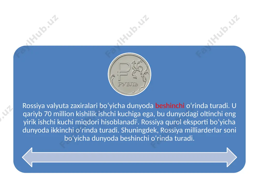 texnologiya sotiladigan bozordan jahon bozoriga global yuqori texnologiya yetkazib beruvchi mamlakatga aylanish zarur. rossiya hukumatining fikricha, iqtisodiyotni modernizatsiyalash g'oyasi quyidagi besh ustuvor yo'nalishlarga qaratilgan: samarali yoqilg'i va yangi turdagi yoqilg'ini ishlab ehiqarish; • tibbiyot texnologiyalari va farmatsevtika; • yadro energetikasi; • informatsion texnologiya; • kosmos va telekommunikatsiya. rossiyaning 2030-yilgacha ijtimoiy-iqtisodiy rivojlanish strategiyasiga muvofiq mamlakat iqtisodiyotini modernizatsiya va innovatsion rivojlanish yo'liga o'tkazish borasida qator chora-tadbirlar amalga oshirish rejalashtirilgan texnologik modernizatsiya — 2020-yilgacha 25 millionta yuqori m ehnat unumdorligiga ega ishchi o'rinlarini yaratish. ushbu vazifa rossiya mintaqalari faoliyatini baholashda asosiy mezon sifatida qabul qilingan mavjud ishchi o'rinlarini saqlab qolish va ishsizlikning past darajasini ta ’m inlash kursiga mos kelmaydi; • iqtisodiy modernizatsiya — iqtisodiyotni diversifikatsiyalash, rossiya iqtisodiyotini jahon energetika bozorlari narx konyunkturasi o'zgarishlariga bog'liqligini susaytirish. ushbu vazifa neftgaz taqchilligini pasaytirish va tadbirkorlik m uhitini sifat jihatdan yaxshilashni taqozo etadi; • ijtimoiy modernizatsiya — rossiyada o'rta sinfni yetakchi tabaqaga aylantirish, sog'liqni saqlash va …