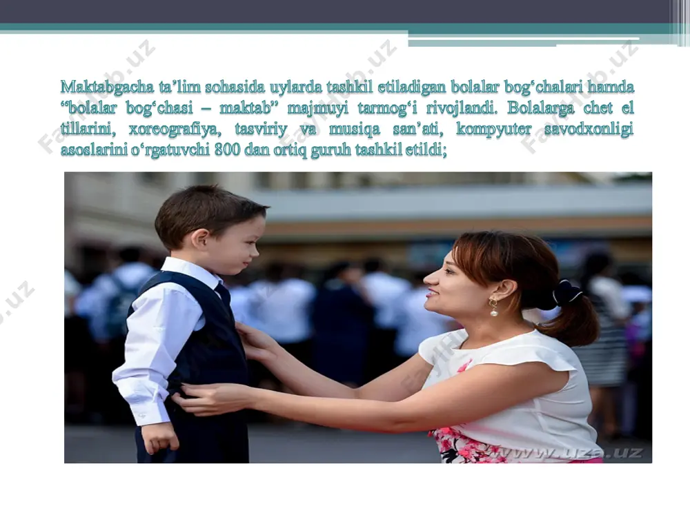 rlar tayyorlashning zamonaviy mexanizmini yaratish, o’quv dasturlari va adabiyotlarini yangilashga qaratilgan islohotlar bosqichma-bosqich, tizimli ravishda amalga oshirildi. bu paytga kelib, mamlakatimizda 11 milliondan ziyod kishi internetdan muntazam foydalandi. ularning asosiy qismi o’quvchi-yoshlar edi. 2015 yilgi ma’lumotlarga qaraganda umumta’lim maktablarida qariyb 4,5 million bola tahsil oldi. barcha maktablar yagona ziyonet tarmog’iga ulandi. mazkur tarmoq uz domenidagi eng yirik axborot-ta’lim resursiga aylandi bu paytga kelib oliy ta’lim yo’nalishida ham xalqaro hamkorlik aloqalari olib borildi. ushbu hamkorlik samarasi natijasida o’zbekistonda xorijdagi nufuzli oliy o’quv yurtlarining oltita, jumladan, toshkent xalqaro vestminster universiteti, turin politexnika universiteti, m.lomonosov nomidagi moskva davlat, g.plexanov nomidagi rossiya iqtisodiyot, i.gubkin nomidagi rossiya neft va gaz universitetlari, singapur menejmentni rivojlantirish institutining filiallari ochildi. respublikada faoliyati o‘rnatilgan tartibda yo‘lga qo‘yilgan xorijiy oliy ta’lim muassasalari filiallari ro‘yxati rossiya federatsiyasi m.vlomonosov nomidagi moskva davlat universitetining toshkent shahridagi filiali i.m.gubkin nomidagi rossiya davlat neft va gaz universiteti toshkent shahridagi filiali g.v.plexanov nomli rossiya iqtisodiyotuniversiteti toshkent …