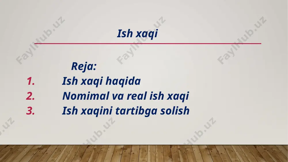 ndan belgilab beriladi, umumiy haq summasi kelishib olinadi. ish butunlay yakunlanganidan keyin ish haqi oxirigacha toʻlanadi. ish haqining bunday shaklidan koʻpincha qurilishda foydalaniladi. bulardan tashqari aksar mamlakatlarda ish haqidan tashqari mehnatda erishgan yutuqlari uchun mukofotlash ham mavjud. bular vaqtbay mukofot, ishbay mukofot tizimlari hamda korxonada olingan foyda hisobidan ajratiladigan moddiy ragʻbatlantirish fondidan mukofotlash tizimidir. nominal va real ish haqi tish haqi miqdori yollanma xodimlarning turmush darajasini ifodalovchi koʻrsatkichdir. nominal va real ish haqi koʻrsatkichlari mavjud. nominal ish haqi yollanma xodimning oʻz mehnati evaziga olgan pul daromadalari. real ish haqi xodimning olgan ish haqiga qancha va qanday isteʼmol buyumlari sotib olishi va madaniy-maishiy xizmatlardan foydalanish mumkinligini koʻrsatadi. boshqacha aytganda real ish haqi — bu nominal ish haqining „xarid etish“ qobiliyati. real ish haqi boshqa sharoitlar bir xil boʻlganda, nominal ish haqiga toʻgʻri mutanosibdir va isteʼmol buyumlari va xizmatlar narxining darajasiga teskari mutanosibdir. ish haqiga taʼsir koʻrsatuvchi omillar tahrirlash bozor iqtisodiyoti sharoitida …