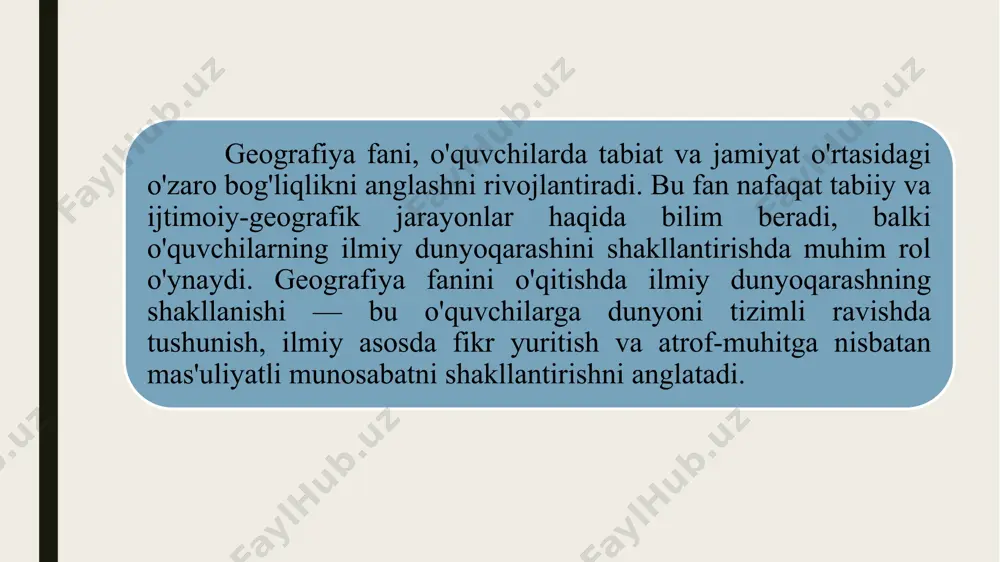 siri va bu ofatlardan qanday himoya qilishni o'rgatish. resurslar va ularning taqsimoti: resurslarning o'zaro bog'liqligini va iqtisodiy rivojlanishga ta'sirini tushuntirish. 2. kritik fikr yurutish va tahlil qilish qobiliyatini rivojlantirish muammoli darslar: geografiya darslarida muammoli o'qitish metodini qo'llash o'quvchilarni tahlil qilishga va mustaqil fikrlashga o'rgatadi. masalan, "iqlim o'zgarishining sabablarini va oqibatlarini qanday tushuntirish mumkin?" kabi savollar orqali o'quvchilardan ijtimoiy, iqtisodiy va ekologik omillarni tahlil qilish talab qilinadi. geografik dalillarni tahlil qilish: o'quvchilarga xaritalar, statistik ma'lumotlar, ilmiy tadqiqotlarni tahlil qilishni o'rgatish, ularning analitik fikrlash qobiliyatlarini rivojlantiradi. ilmiy dunyoqarashni shakllantirishda o'quvchilarga ilmiy faktlar asosida xulosa chiqarish va ularni amaliyotda qo'llay olish muhim. innovatsion yondashuvlar va zamonaviy texnologiyalarni qo'llash geoinformatika va gis: geografiya darslarida geografik axborot tizimlari (gis) va boshqa zamonaviy texnologiyalarni qo'llash o'quvchilarga dunyoqarashni ilmiy asosda kengaytirishga yordam beradi. gis yordamida o'quvchilar geosiyosiy, ekologik va iqlimiy jarayonlarni tahlil qilishni o'rganadilar. interaktiv ta'lim: zamonaviy interaktiv ta'lim platformalari va virtual muhitlar orqali o'quvchilar geografik jarayonlarni …