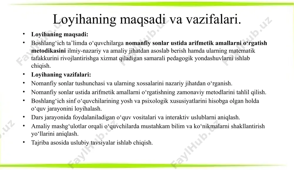 ezligi: ko‘paytirish amali yordamida o‘quvchilar tezda va aniq hisoblashni o‘rganadilar. 1. gamifikatsiya (o‘yinlar yordamida o‘rgatish) gamifikatsiya – o‘quv jarayonini o‘yin elementlari bilan boyitish, shu orqali o‘quvchilarda qiziqish va motivatsiyani oshirishga qaratilgan metoddir. matematikada o‘yinlar yordamida arifmetik amallarni o‘rgatish, o‘quvchilarga muvaffaqiyatga erishish uchun raqobat muhitini yaratadi. gamifikatsiyani qo‘llash usullari: matematik kvestlar: o‘quvchilarga turli darajadagi qiyinchiliklarga ega vazifalar (masalan, arifmetik amallarni to‘g‘ri bajarish) orqali kvestlar tashkil etish. har bir bajarilgan amaliyot uchun ball to‘plangan bo‘lib, oxirida o‘quvchilar reyting bo‘yicha baholanadi. 2. blended learning (aralash o‘qitish) blended learning – an’anaviy dars va onlayn o‘qitishning kombinatsiyasi bo‘lib, o‘quvchilarga matematikani o‘rganishning turli shakllarini taklif etadi. bu metod orqali o‘quvchilar o‘quv materiallarini o‘z vaqtida va o‘z tezligida o‘rganish imkoniyatiga ega bo‘ladilar. blended learning usullari: interaktiv darsliklar va ilovalar: nomanfiy sonlar ustida arifmetik amallarni o‘rganish uchun interaktiv ilovalar yoki onlayn platformalar orqali o‘quvchilar amaliy mashqlarni bajaradilar. masalan, matematik ilovalar orqali sonlarni ko‘paytirish yoki bo‘lish amallarini o‘rganish. 3. …