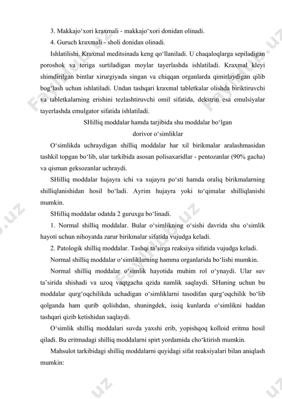 an o‘simliklarni tasodifan qurg‘oqchilik bo‘lib qolganda ham qurib qolishdan, shuningdek, issiq kunlarda o‘simlikni haddan tashqari qizib ketishidan saqlaydi. o‘simlik shilliq moddalari suvda yaxshi erib, yopishqoq kolloid eritma hosil qiladi. bu eritmadagi shilliq moddalarni spirt yordamida cho‘ktirish mumkin. mahsulot tarkibidagi shilliq moddalarni quyidagi sifat reaksiyalari bilan aniqlash mumkin: 1) tarkibida shilliq moddalar bo‘lgan mahsulotlar ishqor eritmasi ta’sirida sariq rangga bo‘yaladi. 2) mikroskopda ko‘rish uchun kesilgan mahsulot bo‘lakchasiga metil ko‘k bo‘yoq eritmasidan yoki 10% li h2so4 ning mis tuzi eritmasi va 10% li naoh eritmasidan bir tomchidan tomizilsa, shilliq modda saqlovchi xujayralar to‘q ko‘k rangda kuzatiladi. 3) mikroskobda ko‘rish uchun kesilgan mahsulotga qora tush eritmasi ta’sir ettirilsa, shilliq modda saqlovchi xujayralar bo‘yalmaydi, boshqa xujayralar esa qorayadi. o‘simliklardagi shilliq moddalar miqdori quyidagi usullar bilan aniqlanadi. 1. shilliq moddalar suvda erib, yopishqoq kolloid eritma hosil qiladi. bu eritmaning yopishqoqligi erigan birikma konsentratsiyasiga bog‘liq. shuning uchun o‘simlikdan sovuq suvda eritib olingan shilliq moddalar eritma yopishqoqligiga …