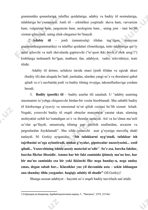 an ushbu parchani o’qigan kitobxon ko’z o’ngida naxshonning “bir kuni – dardli bir qayg’usi” yaqqol ko’z o’ngida jonlanadi: och-nahor, boshpanasiz qolgan naxshon muttasil savalab yog’ayotgan yomg’irli tunga duch keladi. “tun qop-qora zulmat”, osmon ham baxmal kabi qora”ki – naxshon tortayotgan azobni, uning huvillagan qalbini yorqin gavdalantiradi. ayniqsa, “ko’chalarda suvning chuchvaradek qaynashi” - o’xshatishning go’zal namunasi, yomg’irning yog’ishi darajasi (savalab yog’ish)ni, uning holatini, manzarasini aniq ifodalaydiki, uni kitobxon ko’z oldiga ravshan keltiradi. yomg’irning ham naxshon dardiga dard qo’shayotganidan, uning qayg’usini yanadi ko’paytirayotganidan kitobxon ham azoblanadi. 2. badiiy asar tilining obrazliligi uning tasviriy va hissiy xususiyatini yuzaga chiqaradi. badiiy asar tili xarakterlar va manzaralarni yaqqol gavdalantirish uchun, birinchi navbatda, ularning ichki dunyosini, mohiyatini butun qarama-qarshiliklari bilan aks ettiradi va shu akslangan hayot kitobxon his-tuyg’ularini uyg’otadi. demak, hayot(inson) qalbining turfa xil holatlarini tasvirlash orqali kitobxon his-tuyg’ulariga ta’sir ko’rsatish-tasviriylik va emosional xususiyatni keltirib chiqaradi. buni to’liq anglash uchun, keling, “badiiy asar – umrni uzaytiruvchi …
