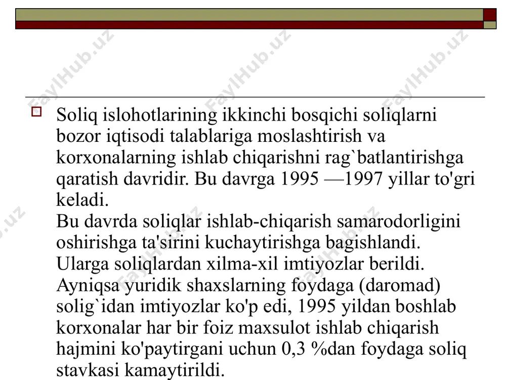 hilarga ta’sir etuvchi asosiy kuch sifatida ishlatiladi. soliqlarning asosiy funksiyalari quyidagilar 1каримов и.а. ўзбекистон иқтисодий ислоҳотларни чуқурлаштириш йўлида. т., ўзбекистон, 1995, 204 б. across [4]tadbirkorlar to‘laydigan eng mashhur soliqlardan biri? [6]soliqlarni kamaytirish yoki imtiyozlar berish shakli nima deb ataladi? [7]yuridik va jismoniy shaxslarning davlatga majburiy to‘lovi? [8]moliyaviy resurslarni davlat byudjetiga jalb qilish usuli nima? [10]soliq tizimini tartibga soluvchi asosiy huquqiy hujjat? down [1]yangi soliq tizimiga o‘tish jarayoni qanday nomlanadi? [2]soliq sohasidagi nazorat, tekshiruv va monitoring jarayonlari nima deb ataladi? [3]soliqlarni yig‘ish va nazorat qilishga mas’ul davlat organi? [5]o‘zbekiston respublikasida 1991-yilda mustaqillikdan keyin qabul qilingan moliyaviy siyosatning muhim qismi nima? [9]soliq to‘lovchilarning faoliyati haqida davlat organiga beriladigan yozma hisobot? foydalanilgan adabiyotlar ro'yxati. 1. s. rahmonov "soliq imtiyozi - rivojlanish kafolati" xalq so'zi 2009 - yil 28 -yanvar 2. qudratov botir "soliq va axborot texnologiyalari" xabar 2010 - yil 16 - aprel 3. a. boliyev "soliq sohasidagi dolzarb vazifalar" xalq so'zi 2010 …