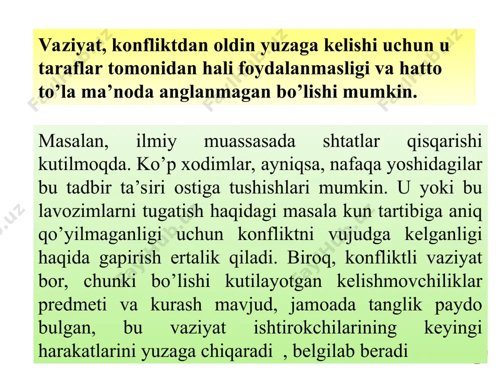 aatlarini qo’llab-quvvatlash maqsadida amalga oshirgan muayyan harakatlarini o’z ichiga oladi ( masalan, zavod ma’muriyatining vazirlikka rasmiy murojaati) oltinchi davr- tamonlarning amaliy harakatlar boshlashi konflikt rivojlanishining oltita davri ko’rsatilgan izchillikda bir-birining o’rniga kelishi shart emas. ba’zilari tushirilib qoldirilishi, boshqalari takrorlanishi, ularning izchilligi boshqacha tarzda bo’lishi mumkin. yuqorida keltirilgan mantiqiy sxema konflikt tashqi rivojlanishining eng tipik misolidir. konflikt eskalasiyasi. konflikt eskalasiyasining tashqi namoyon bo’lish xususiyati - bu , eng avvalo , kurashning jadallashuvi hisoblanadi. konflikt spiralni burash metodi bo’yicha rivojlanadi: bir tarafning harakati ikkinchi tarafning qarshi harakati bilan birga kechadi va bu keyingi harakat o’z oqibatlarining ko’lamiga ko’ra konflikt boshlanishi nuqtasidagiga aynan bo’lmaydi. bir tarafning harakatlari boshqa tarafning ko’p marta kuchliroq va o’z navbatida yangi tajovuzkor bo’lgan javob harakatlarini keltirib chiqaradi. konflikt eskalasiyasi odatda vaziyatni shunchalik chigallashtiradiki, bunda konfliktda haq yoki aybdorlarni topish mumkin bo’lmay qoladi. konfliktlarni intensivlashtirish - bu muayyan tinch (zo’rlik ishlatishni nazarda tutmaydigan) maqsadlarda yashirin konfliktlarni yanada oydinlashtirish va …