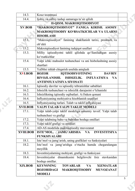 ari 25.6. tashqi savdo siyosatining mohiyati va vostilari xxvi.bob to‘lov balansi. valyuta kursi 26.1. to‘lov balansi tushunchasi va uning tuzilishi 26.2. joriy operatsiyalar hisobi balansi 26.3. kapital harakati hisobi balansi 26.4. to‘lov balansining tarkibiy qismlari o‘rtasidagi bog‘liqlar 26.5. to‘lov balansini makroiqtisodiy tartibga solish vositalari va usullari 26.6. valyuta va jahon valyuta tizimi tushunchasi 26.7. valyuta bozorini davlat tomonidan tartibga solish usullari 26.8. valyuta kursi va uni belgilovchi omillar xxvii.bob ochiq iqtisodiyotda makroiqtisodiy siyosat 27.1. ochiq iqtisodiyot tushunchasi va uning ko‘rinishlari 27.2. mandell flemingning ochiq iqtisodiyot modeli 27.3. qayd etilgan valyuta kursi sharoitida pul-kredit va fiskal siyosat 27.4. erkin suzib yuruvchi valyuta kursi sharoitida makroiqtisodiy siyosat test foydalanilgan adabiyotlar ro‘yxati kirish hozirgi sharoitda mamlakatimiz ta’lim tizimida yuz berayotgan o‘zgarishlar tayyorlanayotgan yosh mutaxassislarni jahon talablariga javob beradigan darajada bo‘lishini talab etmoqda. ayniqsa, bu iqtisodiyot sohasidagi mutaxassislarni tayyorlashda alohida ahamiyat kasb etadi. iqtisodiyot sohasidagi mutaxassislarni tayyorlashda oliy ta’lim muassasalarida o‘qitiladigan iqtisodiy fanlar muhim …