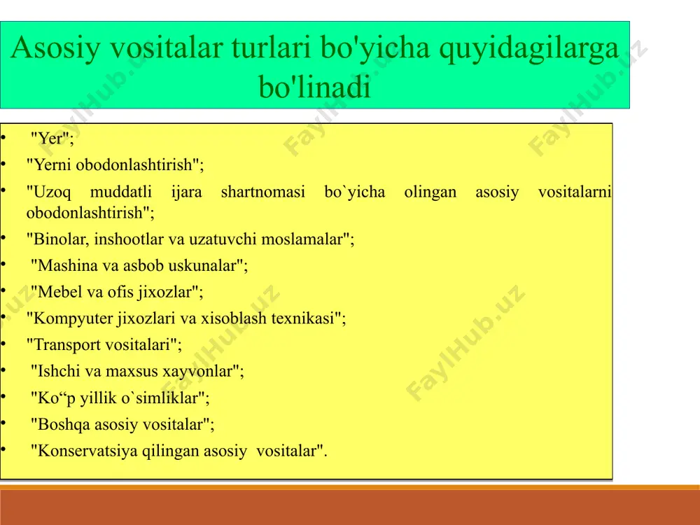 iv) usuli. qoldiqni kamaytirish usuli. asosiy vositalarning eskirishi quyidagi schotlarda hisobga olinadi: 0110 “yer"; 0111 “yerni obodonlashtirish"; 0112 "uzoq muddatli ijara shartnomasi bo'yicha olingan asosiy vositalarni obodonlashtirish"; 0120 "binolar, inshootlar va uzatuvchi moslamalar"; 0130 "mashina va asbob-uskunalar"; 0140 "mebel va ofis jihozlari"; 0150 "kompyuter jihozlari va hisoblash texnikasi"; 0160 "transport vositalari"; 0170 "ishchi va mahsuldor hayvonlar"; 0180 "ko'p yillik o'simliklar"; 0190 "boshqa asosiy vositalar"; 0199 "konservasiya qilingan asosiy vositalar". asosiy vositalar eskirishini hisobga oluvchi schyotlarning bog‘lanishi № xo‘jalik muomalalarining mazmuni schyotlarning bog‘lanishi debit kredit 1 asosiy, yordamchi ishlab chiqarish va xizmat ko‘rsatuvchi xo‘jaliklarda foydalanilayotgan asosiy vositalarga eskirish hisoblash 2010, 2310, 2710 0211-0299 2 umumishlabchiqarish maqsadida foydalanilayotgan asosiy vositalarga eskrish hisoblash 2510 0211-0299 3 savdo korxonalarida foydalanilayotgan asosiy vositalarga eskirish hisoblash 9410 0211-0299 4 maʼmuriy maqsadlar uchun foydalanilayotgan asosiy vositalarga eskirish hisoblash 9420 0211-0299 asosiy vositalar va boshqa aktivlarning chiqib ketishini hisobga oluvchi schyotlar (9200)ning bog‘lanishi № xo‘jalik muomalalarining mazmuni schyotlarning …