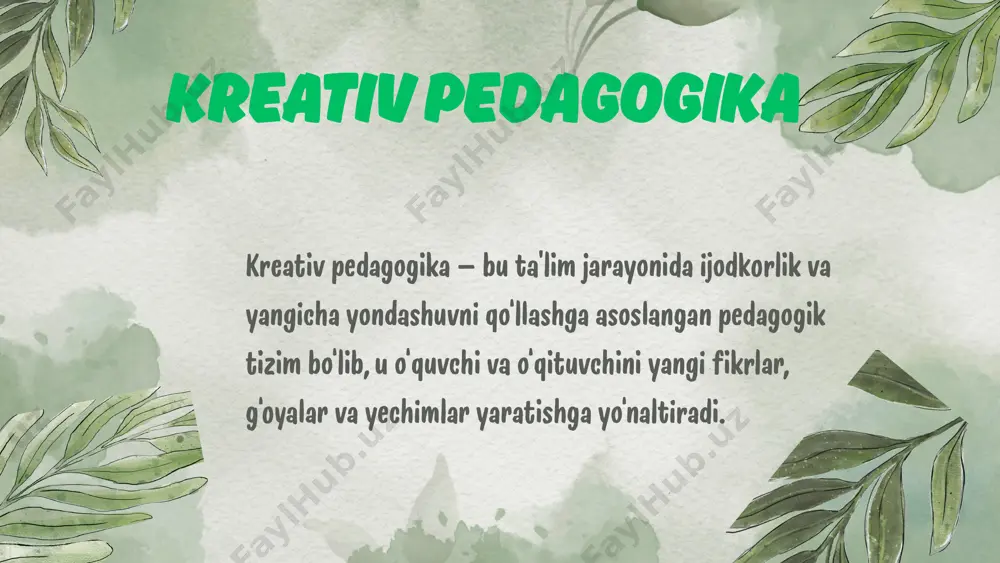 rda mustaqil izlanish va tahliliy fikrlash ko‘nikmalarini hosil qilish. kreativ pedagogikaning amaliy jihatlari kreativ pedagogning o‘rni kreativ pedagog — bu: an’anaviy darsni yangicha shaklda o‘tuvchi; o‘quvchilarning fikrlash jarayonini faollashtiruvchi; muammolarni tahlil qilishga o‘rgatuvchi; ta’lim jarayonida o‘yin, loyiha, eksperiment kabi usullardan foydalanuvchi o‘qituvchidir. kreativ pedagogika shuni ta’kidlaydiki, o‘qituvchi bilim manbai emas, balki o‘rganish jarayonini yo‘naltiruvchi rahbar bo‘lishi kerak. kreativ metodlar “aqliy hujum” (brainstorming); “klaster” texnologiyasi; “sinkveyn” she’r yaratish metodi; “rolga kirish” o‘yinlari; “venn diagrammasi” orqali taqqoslash; “case study” – amaliy muammoni tahlil qilish; “debat” – bahs va muloqot orqali o‘rganish. kreativlikni rivojlantirish shartlari psixologik erkinlik muhiti – o‘quvchi tanqid yoki qo‘rquvdan xoli bo‘lishi kerak. motivatsiya – o‘quvchi o‘rganishga ichki turtkiga ega bo‘lishi zarur. o‘yin va tajriba asosida o‘rganish – amaliy faoliyat orqali fikrlashni rivojlantirish. innovatsion texnologiyalar – multimedia, internet, sun’iy intellekt vositalaridan foydalanish. kreativ pedagogikaning zamonaviy tendensiyalari bugungi ta’lim jarayonida raqamli texnologiyalar (kompyuter, planshet, onlayn platformalar, ai vositalar) o‘qituvchilarga kreativ yondashuv …