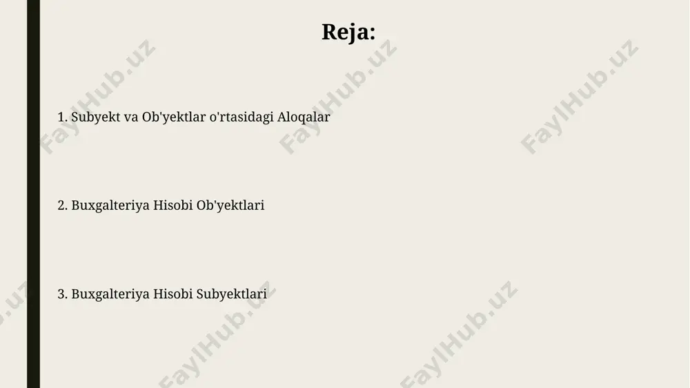 100 dan ortiq turdagi obyektlarni aniqlash va ularning miqdorini hisobga olish buxgalteriya hisobi obyektlarini tahlil qilishning muhim qismidir. buxgalteriya hisobi subyektlari turlari buxgalteriya hisobi subyektlari yuridik shaxslar (masalan, mchj, aj), yakka tartibdagi tadbirkorlar va nodavlat notijorat tashkilotlari (3 ta asosiy toifa) kabi turli huquqiy shakllarga ega boʻlishi mumkin. davlat byudjeti tashkilotlari va korxonalari, shuningdek, xorijiy kompaniyalar ham buxgalteriya hisobi subyektlari sifatida qaralishi mumkin boʻlib, ularning 100 dan ortiq hisobot koʻrsatkichlari mavjud. subyekt va obyektlar o'rtasidagi bog'liqlik subyektlar o'z faoliyatlarini amalga oshirishda turli obyektlar bilan o'zaro ta'sirlashadi, bu 2ta asosiy hisob turlari (debitor va kreditor) orqali aks ettiriladi va bu munosabatlar hisob rejasida aks etadi. subyektlar (masalan, korxona, tashkilot) obyektlarni (aktivlar, majburiyatlar, kapital) hisobotlarida aks ettiradi, bu 1:n bog'liqlikni ko'rsatadi, ya'ni bitta subyekt ko'plab obyektlarga egalik qilishi mumkin. e'tiboringiz uchun rahmat @taqdimot_robot image1.jpg image2.jpg image3.jpg image4.jpg image5.jpg image6.jpg image7.jpg
