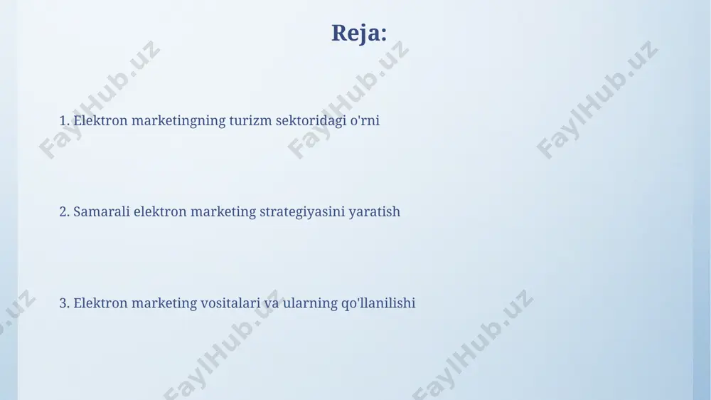 mavjud. turistlar bilan onlayn aloqa o'rnatish elektron pochta marketingi orqali segmentlangan mailing listlarga yillik 12 ta maxsus taklif yuborish, loyihalashtirilgan konversiya stavkasini 15% ga oshirishga yordam beradi. sayyohlar bilan ijtimoiy media platformalari orqali, masalan, facebook va instagram'da, kuniga o'rtacha 500 dan ortiq interaktivlikni ta'minlash orqali onlayn aloqa o'rnatish mumkin. e'tiboringiz uchun rahmat @taqdimot_robot image4.png image5.jpg image6.jpg image7.jpg image8.jpg image9.jpg image3.jpeg