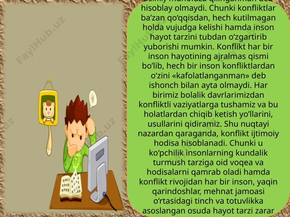 sh. antagonistik konfliktlarning quyidagi turlari mavjud: 1) norozilik - mavjud holatdan aniq ifodalanmagan holda norozilik bildirish. avvaliga asabiylashuv paydo bo’lib, u va nizoli vaziyatga o’tib boradi. noaniq maqsadlar nisbatan aniq ifodalangan talablarga aylanib, lekin norozilik tashkilotchilarining istaklari hamisha ham tushunarli emas, ya’ni ularning irodasi aniq ifodalanmagan. norozilik o’sib, g’alayon yoki qo’zg‘olonga o’tib ketishi mumkin; 2) g‘alayon - shaxs yoki jamoa agressiyasining jamoaviy norozilikni yuksak darajada uyushtirgan holda agressiv tarzda ifodalash; 3) qo‘zg‘olon - shaxs yoki jamoa agressiyasining jamoaviy norozilikni yuksak darajada uyushtirgan holda muayyan maqsadga qarata ifodalash; 4) inqilob - konfliktning oliy shakli, ko'rinishi bo’lib, norozilikning eng so'nggi shakli, mavjud tuzumni siyosiy ag'darib tashlash yo’li, sotsial-iqtisodiy tartibning sifat jihatidan o'zgarishini anglatadi. odatda, inqilob harakatning zo’ravonlik ishlatgan holdagi harbiy usulini va keng ommaning jalb etilishini nazarda tutadi. malum insonlardagi yuzaga chiqib turgan holatlarni to'lqinlarga o'xshatish ayni muddao bo'ladi, sababi to'lqinlarni bunday tuslanishi ostidagi toshlarning va ostidagi oqimlarning hisobiga hosil bo'larkan. konfliktli …
