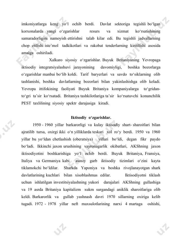 ilsozlik, kurilish, metallurgiya va kimyo sanoati kabi siklli tarmoklarda noaniklik darajasi oshganligini tan oldilar. globallashtirish. so‘ngi 20 yil ichidagi yirik o‘zgarishlardan biri bu globallashtirish jarayenidir. globallashtirish - mamlakatlar orasidagi o‘sayotgan o‘zaro bogliklikni bildirib, tovarlar, xizmatlar, kapital va bilimlarning mamlakatlararo kuchayishiga olib keldi. buni bir necha omillar bilan izoxlash mumkin: - bozor mafkurasini ishlatayotgan mamalakatlar soni o‘smokda. ikkinchi jaxon urushidan keyin erkin bozor mafkurasi aksh va garbiy yevropa kabi rivojlangan davlatlardan, janubiy koreya, tayvan, gonk-kong, singapur so‘ngra esa janubiy-sharkiy osiyoning boshka "ajdarxo" davlatlariga yoyildi. xozirgi kunda bu to‘lkin xitoy, xindiston, lotin amerikasi, markaziy va sharkiy yevropa shu bilan birga rossiyada xam tarkaldi. - iktisodiy gravitatsiya markazlari rivojlangan mamlakatlardan rivojlanayotgan mamlakatlarga o‘tmokda. bozor iktisodiyotiga o‘tish rivojlanayotgan davlatlarni rivojlangan davlatlar katoriga o‘tishiga xizmat kildi. uzok shark va xitoy mamlakatida 1998 yilgi moliyaviy inkiroz natijasidagi kiska muddatli pasayishga karamay, bu davlatlarning o‘sish darajasi rivojlangan garb mamlakatlariga nisbatan tezrok kechdi. - texnologik rivojlanish transport va …