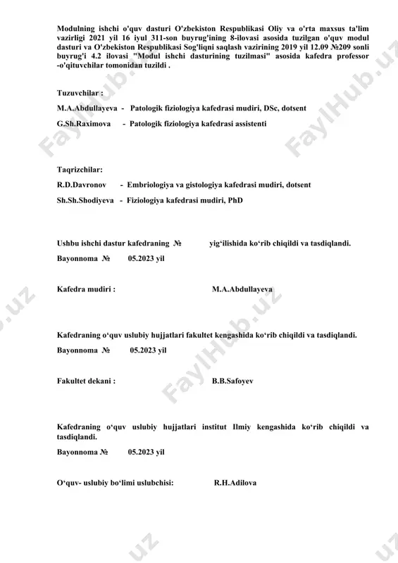 h, patogenezini aniqlash uchun nazariy zamin yaratish, kasallikning nazariy, amaliy asoslarini, qonuniyatlarini va kasalliklarga zamonaviy tashhis qo'yish, davolash, kasallikning oldini olish usullarini o'rgatish, ularda klinik fikrlash ko'nikmasini shakllantirishdan iborat. 2.2. o'quv modulining vazifalari: - talabalarga patologik fiziologiya moduli tarixi va vazifasi, metodlari haqida tushuncha berish; - inson organizmida kasalliklarning yuzaga kelishi, rivojlanishi, kechishi va oqibatlariga oid etiologik va patogenetik xususiyatlar haqida ma'lumot berish; - sabab-oqibat munosabatlari qonuniyatlari va patogenez haqida tushunchaga asoslanib davolash usullari va vositalarini tanlash uchun kasalliklarning etakchi zvenosini topa bilish; - funktsional-metabolik o'zgarishlarning kelib chiqishi, rivojlanishi va kechishining umumiy va xususiy asoslarini bilish; - a'zolar va tizimlar patologiyasining rivojlanishida simptomlarning shakllanish mexanizmlarini bilish, davolash choralarini ishlab chiqishda tajribaviy usullarning ahamiyatini o'rgatish; -adaptasiya va kompensasiya reaktsiyalarining tibbiy-biologik asoslari, irsiyatning roli, organizmning umumiy va xususiy reaktivligini patologik jarayon va kasalliklarda tutgan o'rni haqidagi bilimlarni shakllantirish; - yangi pedagogik texnologiyalarni dars jarayoniga tadbiq etib, talabani klinik fikrlash ko'nikmasini shakllantirish va …