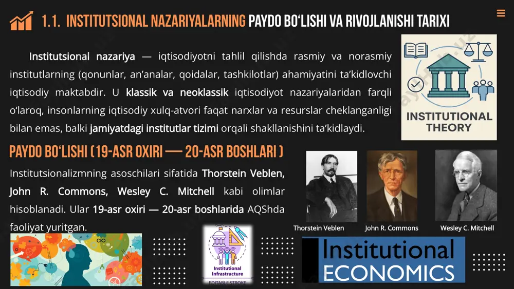 1-asr ) bugungi kunda institutsional nazariya quyidagi yo‘nalishlarda rivojlanmoqda: iqtisodiy geografiya va institutlar — mintaqaviy farqlar institutlar bilan bog‘liq. siyosiy iqtisodiyot va institutsional o‘zgarishlar — demokratiya, fuqarolik jamiyati, korruptsiya, sud tizimi samaradorligi. rivojlanayotgan mamlakatlar kontekstida institutlar — o‘zbekiston, hindiston, afrika mamlakatlari uchun institutsional islohotlar ahamiyati. madaniyat va institutlar — madaniy qadriyatlar qanday qilib iqtisodiy institutlarni shakllantiradi. yangi institutsional iqtisodiyotning eng yoyiq ko‘rinishdagi dasturi kelishuvlar iqtisodiyotidir. uni tahlil qilish markazida kelishuvlar turadi. kelishuvlar individlar o‘rtasidagi o‘zaro hamkorlikning umumiy doiralari sifatida qabul qilinadi. 1.2. institutsionalizm rivojlanishining asosiy yo‘nalishlari institutsionalizm — bu iqtisodiyotni tahlil qilishda institutlar (qonunlar, qoidalar, an’analar, tashkilotlar, shartnomalar) asosiy omil sifatida qaraydigan nazariy maktabdir. uning rivojlanish jarayonida bir nechta asosiy yo‘nalishlar shakllangan bo‘lib, ular bir-biridan metodologiya, tadqiqot obyekti va fokus jihatlarida farq qiladi. institutsionalizmning rivojlanishidagi asosiy 4 ta yo‘nalishini ko‘rib chiqamiz: klassik (eski) institutsionalizm (19-asr oxiri — 20-asr o‘rtalari) yangi institutsional iqtisodiyot (new institutional economics — nie) (1960–1990-yillar) evolyutsion institutsionalizm …