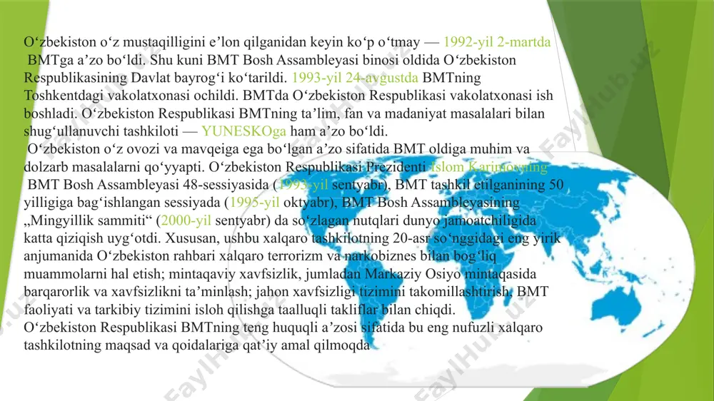 nes bilan bogʻliq muammolarni hal etish; mintaqaviy xavfsizlik, jumladan markaziy osiyo mintaqasida barqarorlik va xavfsizlikni taʼminlash; jahon xavfsizligi tizimini takomillashtirish, bmt faoliyati va tarkibiy tizimini isloh qilishga taalluqli takliflar bilan chiqdi. oʻzbekiston respublikasi bmtning teng huquqli aʼzosi sifatida bu eng nufuzli xalqaro tashkilotning maqsad va qoidalariga qatʼiy amal qilmoqda 1945-yil 26-iyunda san-fransiskoda boʻlib oʻtgan konferensiyada bmt nizomini imzolagan 51 ta davlat bmtning dastlabki aʼzolari hisoblanadi. 1946-yildan beri bmtga 150 ga yaqin davlat qabul qilingan (lekin bir vaqtning oʻzida yugoslaviya, chexoslovakiya, sssr kabi bir qancha davlatlar mustaqil davlatlarga boʻlingan). 2011-yil 14-iyulda janubiy sudanning bmtga qabul qilinishi bilan bmtga aʼzo davlatlar soni 193 tani tashkil etdi. birlashgan millatlar tashkiloti nizomiga koʻra, bmtga aʼzolik "ustavda koʻrsatilgan majburiyatlarni qabul qiladigan va tashkilot hukmiga koʻra, ushbu majburiyatlarni bajarishga qodir va tayyor boʻlgan tinchliksevar davlatlar" uchun ochiqdir. “har qanday bunday davlatni tashkilotga aʼzolikka qabul qilish xavfsizlik kengashi tavsiyasiga koʻra bosh assambleyaning qarori bilan amalga oshiriladi”. amaldagi …