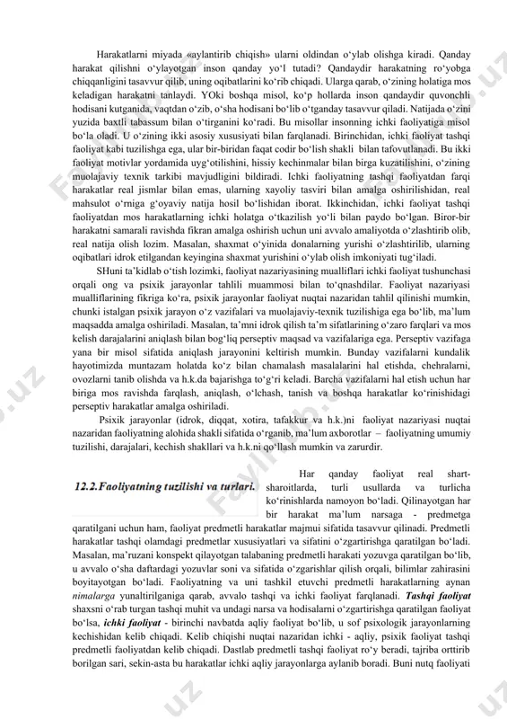 ladi. masala echish jarayonini tasvirlashda ularni amalga oshiruvchi harakatlarni ham, muolajalarni ham ko‘rsatish lozim. muolajalarning asosiy xossasi ularning kamroq anglanganligi yoki umuman anglanmaganligidan iborat. bu xossalari bilan muolajalar ongli maqsadni ham, harakatning bajarilishini nazorat qilishni ham belgilab beradigan harakatlardan tamomila farq qiladi. muolajalar ikki turga bo‘linadi: ba’zilari adaptatsiya, moslashish, bevosita taqlid qilish yordamida yuzaga keladi; boshqalari harakatlarni avtomatlashtirish vositasida paydo bo‘ladi. birinchi turdagi muolajalar anglanmaydi, ularni ongimizda, hatto, maxsus vositalar yordamida ham hosil qilish mumkin emas. ikkinchi tur muolajalar ong chegarasida joylashadi. ular osongina dolzarb anglanuvchilarga aylanishi mumkin. har bir murakkab harakat harakatlar ketma-ketligi va «to‘shaluvchi» muolajalar qatlamidan iborat. har bir murakkab harakatda dolzarb bo‘lgan ongli va anglanmagan faoliyatlar o‘rtasidagi chegaraning belgilanmaganligi harakatlar ketma-ketligini muolajalar ketma-ketligidan ajratib turuvchi chegaraning harakatchanligini bildiradi. bu chegaraning yuqoriga yo‘nalgan harakati muolajadagi ba’zi harakatlarning (asosan, eng soddalarining) o‘zgarishini anglatadi. chegaralarning pastga harakatlanishi esa, aksincha, muolajalarning harakatga aylanishini, ya’ni, faoliyatning maydaroq birliklarga bo‘linishini bildiradi. quyida shunga …