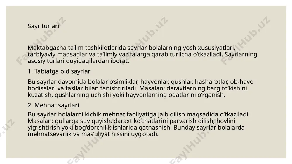 a sayr va tabiat bilan tanishtirish mashg‘ulotlari bolalarda tabiatga mehr-muhabbat uyg‘otish, sog‘lom turmush tarziga o‘rgatish, ekologik tarbiyani shakllantirish va ularni kelajakda ongli, mas’uliyatli fuqarolar etib voyaga yetkazishda muhim vosita hisoblanadi. e’tiboringiz uchun rahmat! image2.jpg /docprops/thumbnail.jpeg