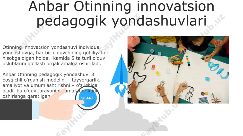 ishga alohida e'tibor qaratilib, 3 bosqichli o'rganish modeli taklif etiladi: idrok etish, tahlil qilish va umumlashtirish. zamonaviy ta'lim tizimida anbar otinning merosining ahamiyati uning 20 dan ortiq ilmiy ishlari, o'quv qo'llanmalari va darsliklarida aks etgan pedagogik g'oyalari, hozirgi ta'lim tizimini takomillashtirish uchun qimmatli manba hisoblanadi. anbar otinning ijodkorlik va tanqidiy fikrlashni rivojlantirishga qaratilgan 3 bosqichli modeli, xxi asr o'quvchilarini tayyorlashda muhim rol o'ynaydi. 06 05 04 o'quv jarayonini tashkil etish printsiplari 01 02 anbar otin o'quv jarayonini tashkil etishda 5 ta asosiy bosqichdan iborat bo'lgan modeldan foydalanib, har bir bosqichga 2-3 ta o'quv vazifasini belgilab berishni taklif qiladi. o'quv jarayonining samaradorligini oshirish uchun anbar otin 3 ta asosiy prinsipni – individual yondashuv, faollik va amaliylikni ta'kidlaydi, ularning har biri o'quvchilarda 70% dan ortiq bilim va ko'nikmalarni shakllantirishga yordam beradi. o'quv uslublari va metodlarining xususiyatlari otinning metodlari orasida amaliy mashqlar, mustaqil ishlar, guruhlarda muhokama qilish va oʻquv oʻyinlaridan foydalanish 40% dan …