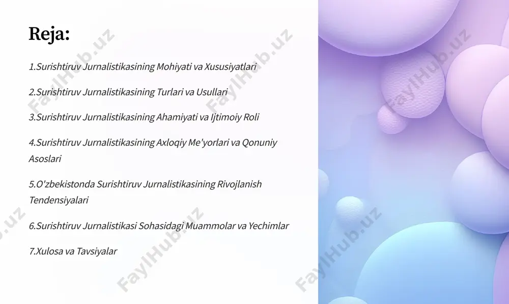 g xavfsizligini ta¾minlash. 7.xulosa va tavsiyalar xulosa surishtiruv jurnalistikasi jamiyat uchun muhim ahamiyatga ega. tavsiyalar qonunchilikni takomillashtirish. jurnalistlarni qo»llab-quvvatlash. axloqiy me¼yorlarga rioya qilish.