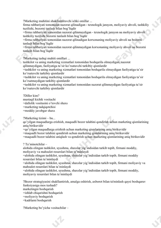 igan - texnologik jarayon ва moliyaviy ahvoli tashkiliy tuzilishi bozorni tanlash bilan bog’liqdir =firma rahbariyati tomonidan nazorat qilinadigan korxonaning moliyaviy ahvoli ва bozorni tanlash bilan bog’liqdir =firma rahbariyati tomonidan nazorat qilinmaydigan korxonaning moliyaviy ahvoli ва bozorni tanlash bilan bog’liqdir ?marketing tashqi muhiti omillari ... tashkilot va uning marketing xizmatlari tomonidan boshqarila olmaydigan, nazorat qilinmaydigan, faoliyatiga ta’sir ko’rsatuvchi tarkibiy qismlardir =tashkilot va uning marketing xizmatlari tomonidan boshqarila olmaydigan faoliyatiga ta’sir ko’rsatuvchi tarkibiy qismlardir =tashkilot va uning marketing xizmatlari tomonidan boshqarila olmaydigan faoliyatiga ta’sir ko’rsatmaydigan tarkibiy qismlardir =tashkilot va uning marketing xizmatlari tomonidan nazorat qilinmaydigan faoliyatiga ta’sir ko’rsatuvchi tarkibiy qismlardir ?diller kim? mustaqil kichik vositachi =dallolik vositasini o’tovchi shaxs =marketing tadqiqotchisi =moddiy javobgar shaxs ?marketing tizimi – bu... qo’yilgan maqsadlarga erishish, maqsadli bozor talabini qondirish uchun marketing qismlarining aniq birikuvidir =qo’yilgan maqsadlarga erishish uchun marketing qismlarining aniq birikuvidir =maqsadli bozor talabini qondirish uchun marketing qismlarining aniq birikuvidir =maqsadli bozor talabini aniqlash va …