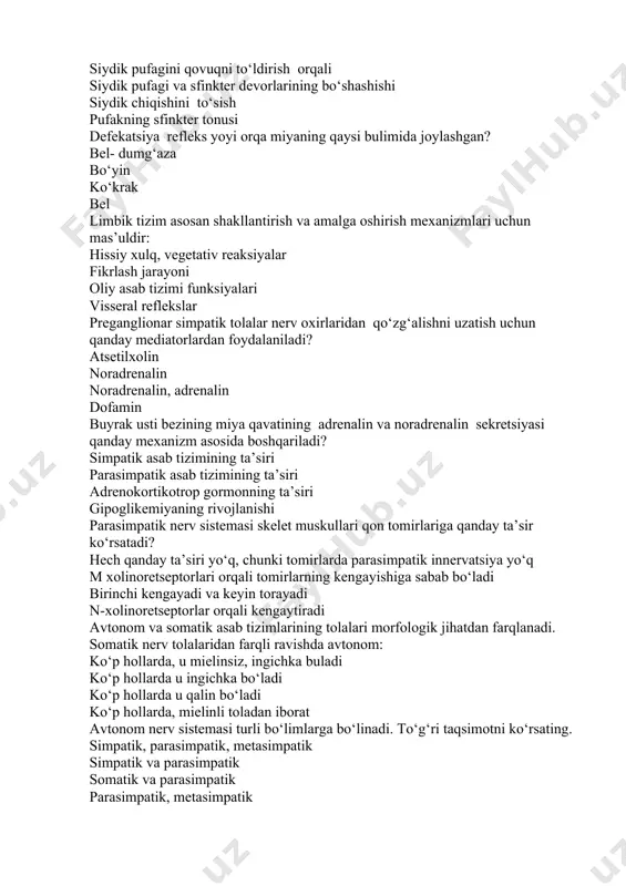 alaniladi? atsetilxolin noradrenalin noradrenalin, adrenalin dofamin buyrak usti bezining miya qavatining adrenalin va noradrenalin sekretsiyasi qanday mexanizm asosida boshqariladi? simpatik asab tizimining ta’siri parasimpatik asab tizimining ta’siri adrenokortikotrop gormonning ta’siri gipoglikemiyaning rivojlanishi parasimpatik nerv sistemasi skelet muskullari qon tomirlariga qanday ta’sir ko‘rsatadi? hech qanday ta’siri yo‘q, chunki tomirlarda parasimpatik innervatsiya yo‘q m xolinoretseptorlari orqali tomirlarning kengayishiga sabab bo‘ladi birinchi kengayadi va keyin torayadi n-xolinoretseptorlar orqali kengaytiradi avtonom va somatik asab tizimlarining tolalari morfologik jihatdan farqlanadi. somatik nerv tolalaridan farqli ravishda avtonom: ko‘p hollarda, u mielinsiz, ingichka buladi ko‘p hollarda u ingichka bo‘ladi ko‘p hollarda u qalin bo‘ladi ko‘p hollarda, mielinli toladan iborat avtonom nerv sistemasi turli bo‘limlarga bo‘linadi. to‘g‘ri taqsimotni ko‘rsating. simpatik, parasimpatik, metasimpatik simpatik va parasimpatik somatik va parasimpatik parasimpatik, metasimpatik avtonom asab tizimining qaysi qismi oshqozon-ichak trakti harakatini mahalliy tartibga solishni ta’minlaydi? metasimpatik asab tizimi simpatik va parasimpatik nerv sistemalari simpatik va metasimpatik nerv sistemalari simpatik nerv sistemasi …