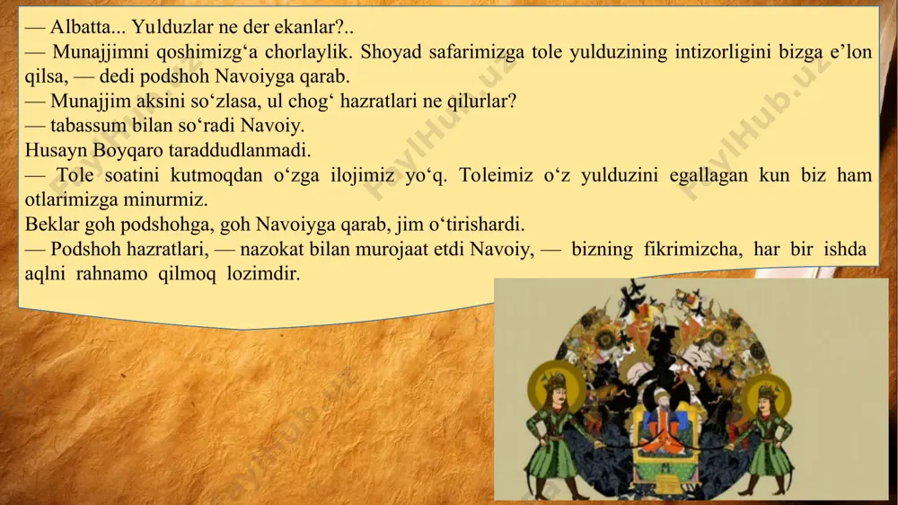vob berdi navoiy ikkilanmasdan. — poytaxtda sadoqatli odamlar ko‘p. ularning ko‘magi bilan butun ahvolni o‘rganursiz. qulay fursat kelganda, qat’iy bir harakat bilan bu falokatlarni daf etmoq mumkin... navoiy boshliq boboali va bir dasta yigitlar mirzo yodgorni sud rashib, tepadan tushishdi-da, husayn boyqaroning oti oyog‘i ostiga tashladilar. shohona kiyimlari bilan tungi bazmda uchib qolgan shahzoda bazo‘r ko‘zini suzib, atrofga hushsiz javdirab qaradi. keyin boshiga yetgan baloni anglab, kalovlanib o‘rnidan turdi, qo‘llarini ko‘ksiga qo‘yib, qaltirab, o‘z dushmaniga tikildi. uning ko‘zlarida ma’nosiz bir qo‘rquv, ojiz bir yolvorish ifodalanar edi. husayn boyqaro otda turib, asiriga bir necha achchiq, tikanli so‘zlar otdi-da, qo‘li bilan navkarlarga “olib jo‘nanglar”, degan ishorat qildi. hirot qal’alardan, arklardan yangragan karnay, nog‘ora sadolari bilan uyg‘ondi. mirzo yodgorning boshi kesildi. uning tarafdorlari jonlarini hovuchlab, in-iniga kirdi... shoir el-ulus ishidan qutulgan damlarda bekor o‘tirmas edi. yo o‘qir, yo yozar, yo xattotlikda mashq qilar, yo musiqiyda yangi kuylar yaratishga urinar, hatto ba’zi vaqtlarda rasm …