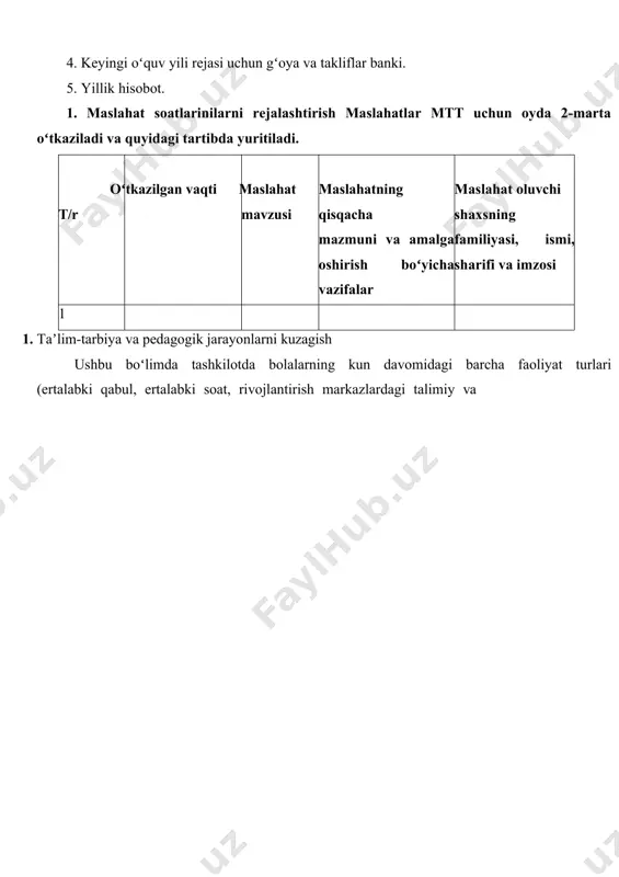 m raqobatli muhitni yaratish maqsadida koʻrik-tanlovlar, tadbirlar, sport musobaqalari, oʻquv va amaliy seminarlar tashkil etish va oʻtkazish; tashkilotda ichki mehnat tartibi qoidalari, jamoa shartnomasi, sanitariya qoidalari va gigiyena normalariga, shuningdek, mehnatni muhofaza qilish, texnika va yongʻin xavfsizligi qoidalariga qatʼiy rioya qilishni taʼminlash, pedagog xodimlarga metodik yordam berish, pedagogik faoliyatni tahlil qilish; tashkilotda pullik va pulsiz toʻgaraklar faoliyatini yuritishni taʼminlash va uning maʼnaviy-maʼrifiy, tarbiyaviy ishlarini muvofiqlashtirish va yoʻnaltirish; direktor mehnat taʼtili, kasallik varaqasiga chiqqan hamda malaka oshirishga ketgan vaqtlarda uning lavozim majburiyatlarini bajarish, tashkilotda huquqbuzarlik, uyushgan jinoyatchilik, korrupsiya, giyohvandlik va boshqa zararli odatlardan saqlanish, uning oldini olish choralarini koʻrish boʻyicha ota-onalar va jamoatchilik oʻrtasida keng qamrovli targʻibot-tashviqot ishlarini amalga oshirish; odob-axloq, ichki tartib, jamoa shartnomasi, sanitariya-gigiyena talablari, mehnatni muhofaza qilish, texnika va yongʻin xavfsizligi qoidalari talablariga rioya qilish; qonun hujjatlariga muvofiq boshqa funksiyalarni ham amalga oshirishi mumkin 04 — maktabgacha taʼlim tashkiloti metodisti. 04-01. oʻquv dasturlar va metodik qoʻllanmalar: oʻzbekiston respublikasining …