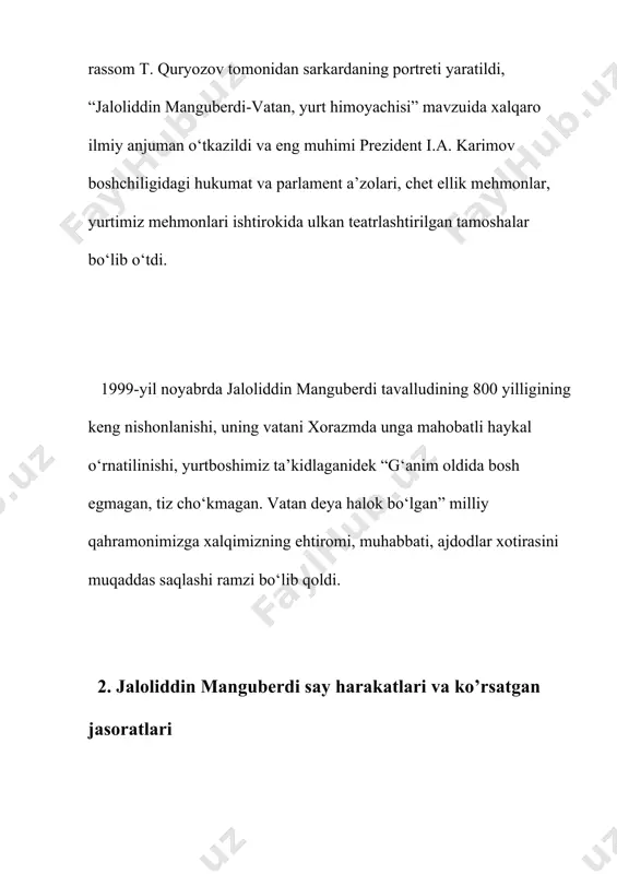 hi kurash olib borib, mardonavor tarzda halok bo‘ladi. jaloliddin esa bu vaqtda nishopurga yetib keladi. bir oy davomida mo‘g‘ullarga qarshi kurashishmaqsadida barcha amir, sarkardalarga qo‘shin yig‘ish xususida murojaat qiladi. mo‘g‘ullar uning ushbu faoliyatidan xabardor bo‘lganliklarini bilgach, zavzon (nishopur va hirot oralig‘ida) tumanidagi al-qohira qal’asiga kelib o‘rnashadi. afsuski, bu vaqtda mahalliy noib hokimlar uning atrofida jipslasha ololmadilar. hali yetarli kuchga ega bo‘lmagan jaloliddin qal’ada uzoq turish xavfli ekanligini tushunib, g‘azna tomon yo‘l oladi. chingizxon esa bu vaqtda ulkan qo‘shin bilan xurosonga izma-iz kelayotgan edi. jaloliddin g‘aznaga yetmasdan yaqin orada hirot hokimi hamda qayinotasi bo‘lmish amin malik bilan uchrashadi va ular birgalikda qandahor qal’asini qamal qilayotgan mo‘g‘ullar ustiga yurish qiladilar. jaloliddin bu kurashda harbiy ilm tarixida ilk bora “piyoda yoyandozlar”ni mo‘g‘ullarning otliq askarlariga qarshi qo‘yadi. inglizlar keyinchalik bu harbiy usulga yuqori baho berib, o‘zlarining kress yonidagi mashhur janglarda undan foydalanishadi. uch kunlik jangdan so‘ng mo‘g‘ullar mag‘lub etilib jaloliddin g‘olib bo‘ladi va u …