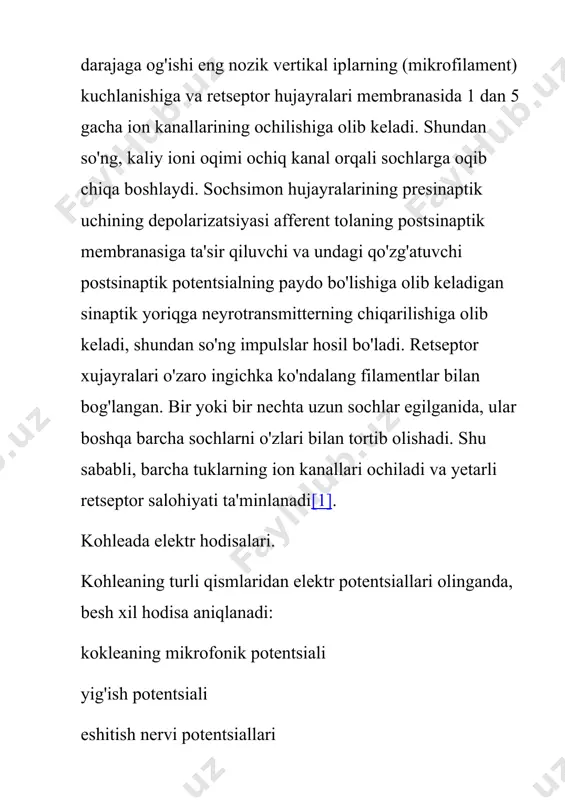 bir qatlamda retseptorlar va neyronlarning turli xil xususiyatlarining mavjudligini ifodalaydi. masalan, ko'zning to'r pardasidagi tayoqchalar va konuslar ma'lumotni turlicha qayta ishlaydi. sensor tizimining asosiy vazifasi qo'zg'atuvchilarning xususiyatlarini idrok etish va tahlil qilish bo'lib, ular asosida hislar, hislar va tasavvurlar paydo bo'ladi. bu tashqi dunyoni hissiy, sub'ektiv aks ettirish shakllarini tashkil qiladi. sensor tizimlarning vazifalari signalni aniqlash. evolyutsiya jarayonida har bir hissiy tizim ushbu tizimga xos bo'lgan adekvat stimullarni idrok etishga moslashgan. sensor tizimi, masalan, ko'z, turli xil - adekvat va etarli bo'lmagan tirnash xususiyati (yorug'lik yoki ko'zga zarba) olishi mumkin. sensor tizimlar kuchni idrok etadi - ko'z 1 yorug'lik fotonni (10 v -18 vt) idrok etadi. ko'zga ta'sir qilish (10 v -4 vt). elektr toki (10v-11w) ajratish signallari. signalni uzatish yoki konvertatsiya qilish. har qanday sezgi tizimi transduser kabi ishlaydi. u ta'sir qiluvchi qo'zg'atuvchining energiyasining bir shaklini asabiy tirnash xususiyati energiyasiga aylantiradi. sensor tizim ogohlantiruvchi signalni buzmasligi kerak. fazoviy bo'lishi …