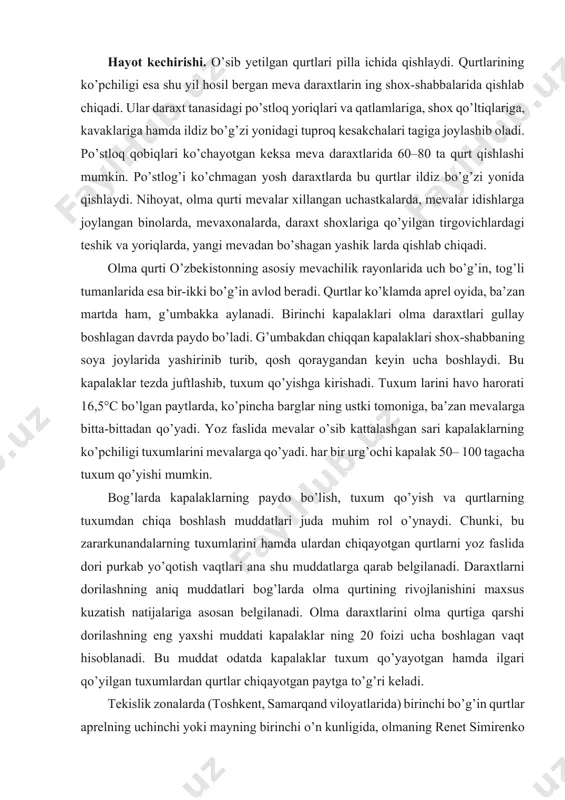 shlaydi. nihoyat, olma qurti mevalar xillangan uchastkalarda, mevalar idishlarga joylangan binolarda, mevaxonalarda, daraxt shoxlariga qo’yilgan tirgovichlardagi teshik va yoriqlarda, yangi mevadan bo’shagan yashik larda qishlab chiqadi. olma qurti o’zbekistonning asosiy mevachilik rayonlarida uch bo’g’in, tog’li tumanlarida esa bir-ikki bo’g’in avlod beradi. qurtlar ko’klamda aprel oyida, ba’zan martda ham, g’umbakka aylanadi. birinchi kapalaklari olma daraxtlari gullay boshlagan davrda paydo bo’ladi. g’umbakdan chiqqan kapalaklari shox-shabbaning soya joylarida yashirinib turib, qosh qoraygandan keyin ucha boshlaydi. bu kapalaklar tezda juftlashib, tuxum qo’yishga kirishadi. tuxum larini havo harorati 16,5°c bo’lgan paytlarda, ko’pincha barglar ning ustki tomoniga, ba’zan mevalarga bitta-bittadan qo’yadi. yoz faslida mevalar o’sib kattalashgan sari kapalaklarning ko’pchiligi tuxumlarini mevalarga qo’yadi. har bir urg’ochi kapalak 50– 100 tagacha tuxum qo’yishi mumkin. bog’larda kapalaklarning paydo bo’lish, tuxum qo’yish va qurtlarning tuxumdan chiqa boshlash muddatlari juda muhim rol o’ynaydi. chunki, bu zararkunandalarning tuxumlarini hamda ulardan chiqayotgan qurtlarni yoz faslida dori purkab yo’qotish vaqtlari ana shu muddatlarga qarab …