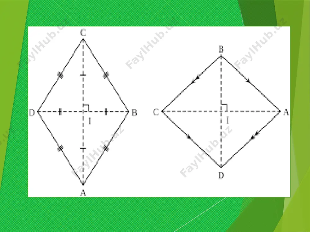 chakli , h=bp=0,5∙a=0,5∙20=10 (sm) (300 li burchak qarshisidagi katet gipotenuzaning yarmiga teng) 2) s= ah=20∙10=200 (sm2) javob: s=200 sm2 kichik test 1. kvadratning yuzi 12,25 dm2. kvadratning tomonini toping. 4,5 dm b) 3,5 dm c) 5,5 dm d) 6 dm 2.rombning yuzi 30 sm2, balandligi esa 6 sm ga teng. shu rombning peremetrini toping a)40 sm b) 50 sm c) 60 sm d) 20 sm 3.rombning tomoni 4 sm balandligi 3 sm ga teng shu rombning yuzini toping a)6 sm2 b) 8 sm2 c) 12 sm2 d) 4 sm2 4. rombning yuzi 70 dm2 , dioganallaridan biri 14 dm ga teng. shu rombning ikkinhi dioganalini toping 5 sm b) 6 sm c) 7 sm d) 10 sm rombning dioganallari 6 dm va 5 dm. rombning yuzini toping. 30 dm2 b) 15 dm2 c) 10 dm2 d) 60 dm2 krassvord savollari: 1.to’g’ri burchakli uchburchak tomonining nomi 2. to’g’ri chiziqning ikki tomonidan …