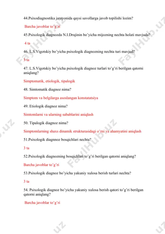 ha javoblar to’g’ri 73. qadimgi xitoyda necha ming yil oldin shasxning ko’p xususiyatlarini qamrab olgan amaldorlarni tanlash tizimi yaratilgan? 2200-yil 74. qayerda bundan 2200-yil oldin shasxning ko’p xususiyatlarini qamrab olgan amaldorlarni tanlash tizimi yaratilgan? qadimgi xitoyda 75. har necha yilda imperator huzurida olti yo’nalish bo’yicha sinov mashg`ulotlari amalga oshirib borilgan? 3-yilda 76. har uch yilda imperator huzurida qaysi yo’nalishlar bo’yicha sinov mashg`ulotlari amalga oshirib borilgan? barcha javoblar to’g’ri 77. eramizdan avvalgi nechinchi asrda qadimgi yunonistonda pifagor o’z maktabiga o’quvchilarni qabul qilgan? vi-v asr 78. pifagor o’z maktabiga kelganlarni qabul qilishda ularga dastlab qanday shart qo’ygan? qiyin masala yechish 79. qadimgi misrda ruhoniylikka o’qitilgan odamlarning tarjimai holi, ma`lumoti, suhbatlashishi, ko’nikmasi tekshirilgach yana qanday sinov o’tkazilgan? qorong`u yer to’ladan bir o’zi o’tishi lozim bo’lgan. 80. psixodiagnostik qarashlar to’g’ri berilgan qatorni aniqlang? barcha javoblar to’g’ri 81. frenalogiya ta’limotining asoschisi kim? f.gall 82. 1622 yilda qaysi italyan olimi yozuvga qarab, shaxs xususiyatlarini aniqlash usullarini …
