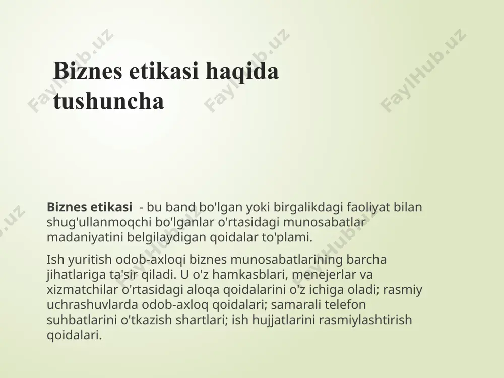 da; bitta korxonada - rahbar va unga bo'ysunuvchilar o'rtasida, xuddi shunday maqomdagi odamlar orasida. biznes etikasida axloqiy me'yorlar biznes etikasida axloqiy me'yorlar xususiyatlari axloq axloqning markazida - u jamiyatdagi odamlar o'rtasidagi munosabatlar, harakatlar va o'zaro munosabatlar chegaralarini belgilaydi. ish munosabatlari axloqi bu ma'lum bir professional sohadagi odamlar o'rtasidagi munosabatlarning nazariy asosidir. ushbu tamoyillarning mohiyati kasbiy va axloqiy me'yorlar va standartlar bilan belgilanadi (bu nafaqat har bir shaxsning psixologiyasi). har qanday professional muloqot biznes etikasi asosida o'tishi kerak, deb ishoniladi. biznes etikasida axloqiy me'yorlar xususiyatlari ba'zan, ish munosabatlari etikasida qiyin holatlar yuzaga keladi. masalan, axloqning umumiy printsiplarida ochiq eshik oldida ayollar oldinga siljishlari kerak. ammo ishbilarmonlik odob-axloq qoidalariga ko'ra, agar liftda ko'tarilgan erkak eshiklarga yaqinroq bo'lsa va ayol uning orqasida turgan bo'lsa, erkak ayolni oldinga qo'yishiga hojat yo'q. siz avval borishingiz kerak. bir-biriga zid bo'lgan bir nechta normalar boshni aylantirganda, tartibsizlik paydo bo'ladi va odam bema'ni holatga tushib qoladi. shuning uchun …